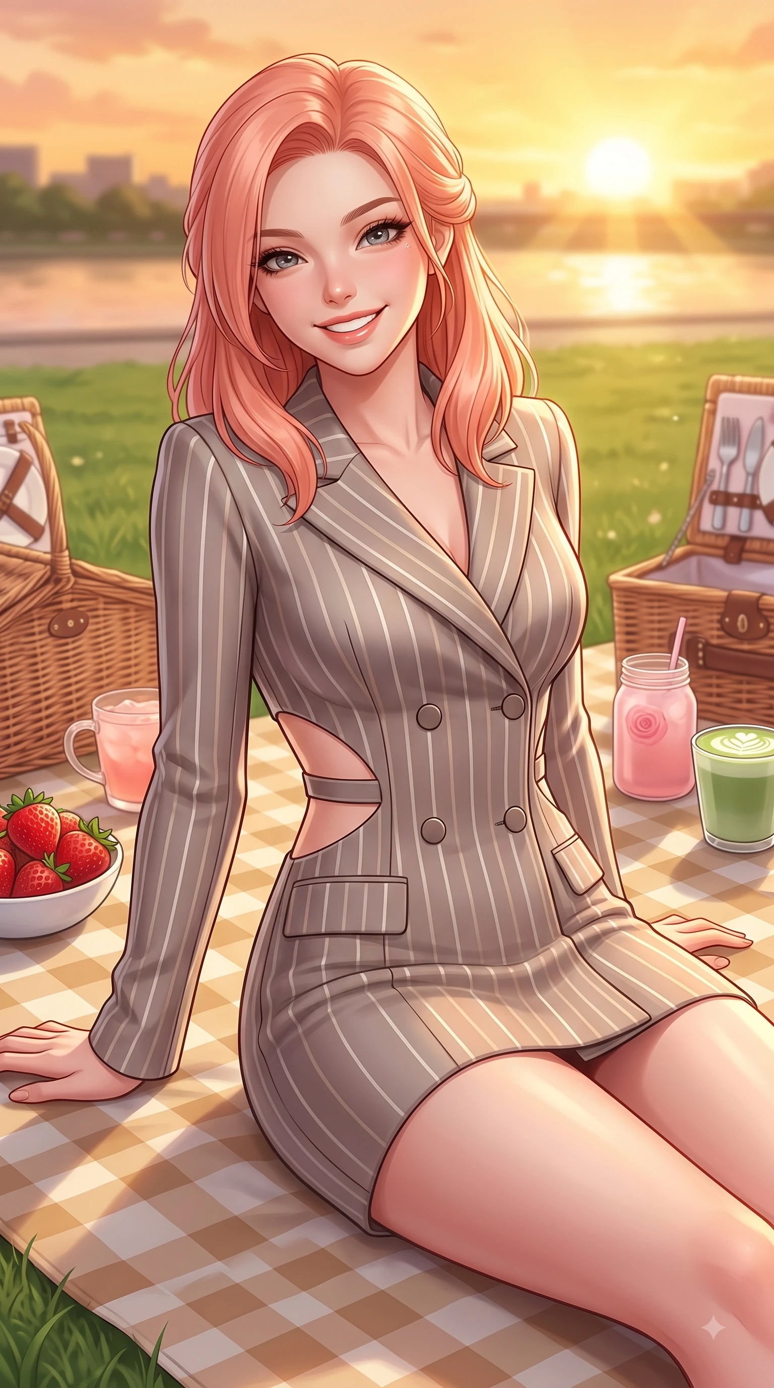 score_9, masterpiece, best quality, ultra-detailed, high-budget anime keyframe, editorial fashion photography, tasteful artistic composition, Japanese woman. close-up cowboy shot from the waist and thighs up, the character dominates the composition, filling the frame with her large presence, background elements kept in soft focus. Cheerful beaming smile with sparkling eyes and a fresh girlhood aura, leaning forward with playful grace while sitting playfully on a checkered picnic mat on a green riverfront park lawn at sunset, picnic baskets, fresh strawberries, and pastel drinks adding a sweet girlhood charm. She has an exceptionally elegant, slender, and willowy female figure with an ultra-slim waist, a gracefully sculpted slender torso, and a refined silhouette. sharp v-shaped jawline, high-bridge nose, intricate jewel-like eyes with depth, thick eyelashes, glossy lips with a natural sheen, flawlessly proportioned anatomical accuracy, natural body alignment, perfectly sculpted elegant limbs, clean dynamic posture without body distortion. wearing a double-breasted blazer dress with subtle metallic pin-stripes in muted taupe and soft ivory, formed from sleek second-skin neoprene, featuring clean architectural cutouts along her slender torso, the tailored fabric tightly following every curve of her athletic build. bathed in glorious golden hour sunset sunbeams and warm amber sky radiance. highly saturated vibrant anime colors, detailed shading with soft gradients, rich glossy textures, high-contrast stereoscopic depth, volumetric dynamic lighting, master piece, 9:16 ratio
