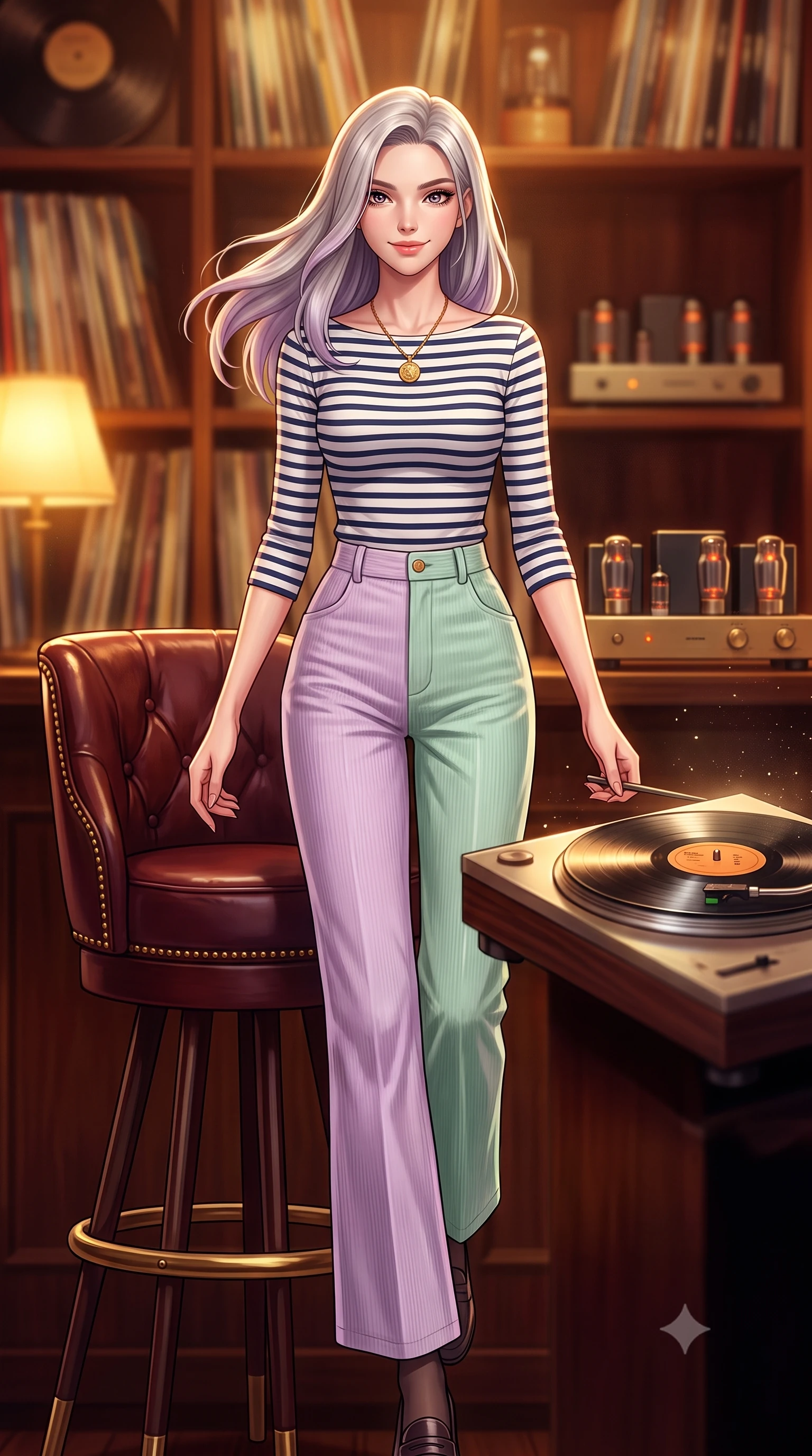 score_9, masterpiece, best quality, ultra-detailed, high-budget anime keyframe, semi-realistic 3D game render, editorial fashion photography, tasteful artistic composition, Caucasian woman. low angle full-body shot from head to toe showing her feet, filling the entire 9:16 vertical frame with her statuesque presence, stretching her vertical silhouette. striding forward in a proud, dynamic supermodel runway stride, her statuesque vertical silhouette commanding the entire frame while sliding onto a plush leather barstool, tossing her hair with a magnetic, warm smile as the turntable spins. The composition keeps background elements in soft focus with creamy bokeh. walls of vintage vinyl record spines and glowing vacuum tube amplifiers blurred into rich mahogany, amber, and whiskey-gold bokeh. She has an absolutely perfect, statuesque 8.5-heads proportion, an exceptionally tall and slender model-like female figure with impossibly long slender legs, a toned flat midriff, and an ultra-slim waist. sharp v-shaped jawline, high-bridge nose, intricate jewel-like eyes with depth, thick eyelashes, glossy lips with a natural sheen, captivating and magnetic expression, flawlessly proportioned anatomical accuracy, strict slender model proportions, natural body alignment, perfectly sculpted long slender limbs, ultra-slim waistline, clean dynamic posture without body distortion. wearing a chic French-girl style boatneck Breton striped top paired with high-rise wide-leg sailor trousers in pastel lilac and mint green, tailored from soft fine-wale corduroy with rich velvety texture, accented with a vintage gold coin pendant necklace and dark sheer tights, the form-contouring material adhering flawlessly to her sculpted flat midriff and slender torso, emphasizing her long leg lines and perfectly proportioned willowy build. bathed in warm amber incandescent lamp glow and golden vacuum tube ambient warmth. highly saturated vibrant anime colors, detailed shading with soft gradients, rich glossy textures, high-contrast stereoscopic depth, volumetric dynamic lighting, master piece, 9:16 ratio