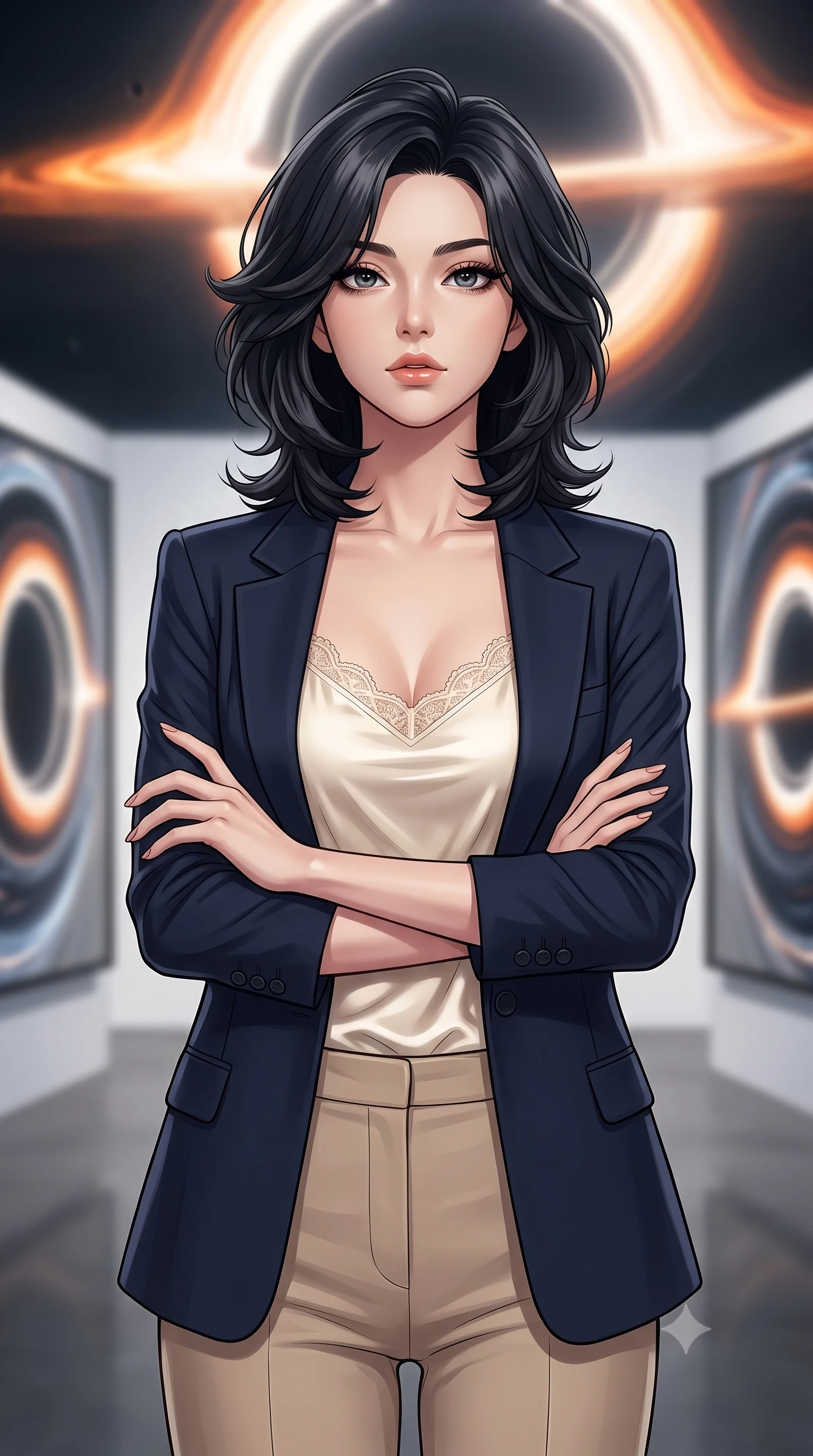 score_9, masterpiece, best quality, ultra-detailed, high-budget anime keyframe, editorial fashion photography, tasteful artistic composition, Japanese woman. close-up cowboy shot from the waist and thighs up, the character dominates the composition, filling the frame with her large presence, background elements kept in soft focus. Crossing her arms with serene confidence and chin slightly raised. set against a soft-focus background of a gallery positioned at the edge of a black hole where extreme gravity bends light around mirrors creating impossible reflections of infinity with space-time visibly warping and stretching near each polished surface. She has an exceptionally elegant and slender, willowy female figure with an ultra-slim waist, a gracefully sculpted slender torso, and a refined slim physique. sharp v-shaped jawline, high-bridge nose, intricate jewel-like eyes with depth, thick eyelashes, glossy lips with a natural sheen. wearing a cream satin camisole with delicate lace trim, layered under a structured navy blazer and beige trousers. gravitationally lensed light creating distorted halos and Einstein rings around every reflective surface with the accretion disk providing an intense orange rim of light. 2k, ultra detail, master piece, 9:16 ratio
