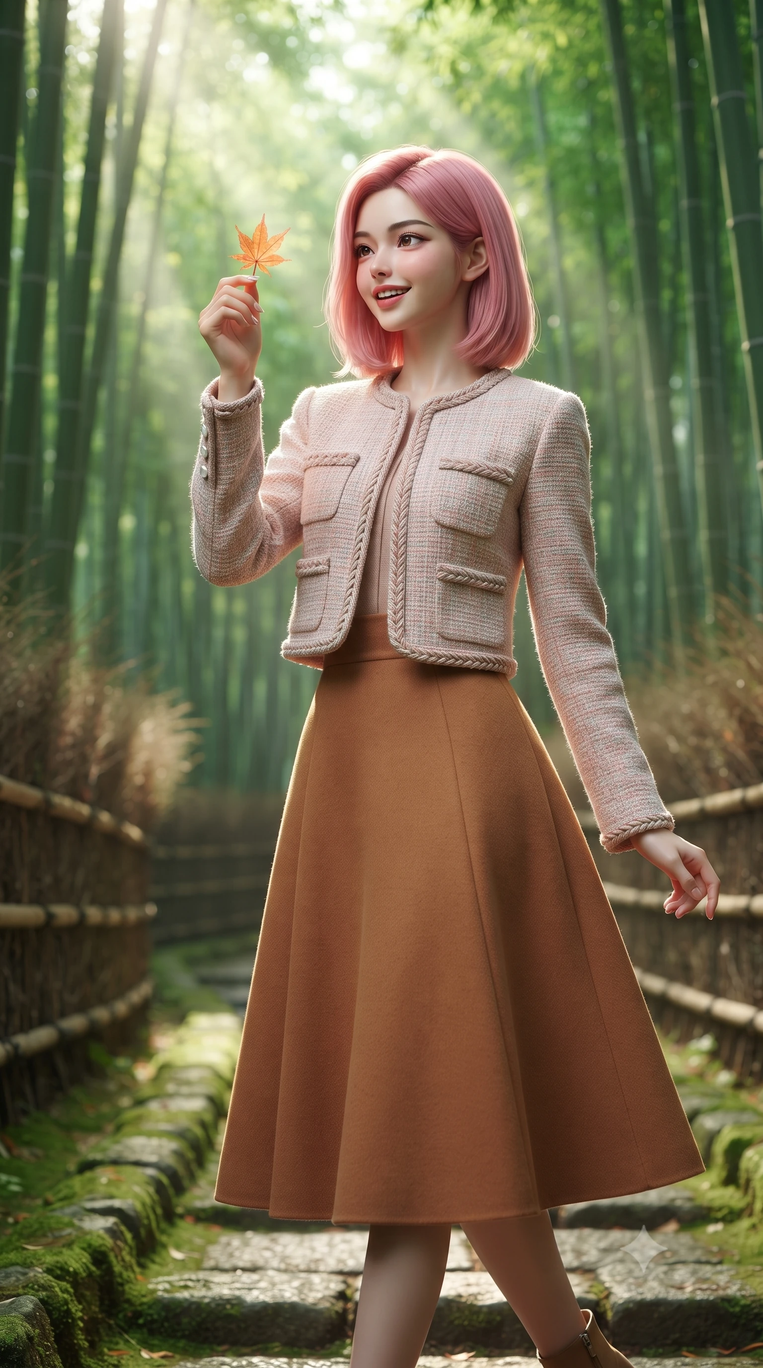 score_9, masterpiece, best quality, ultra-detailed, high-budget anime keyframe, editorial fashion photography, tasteful artistic composition, Korean woman. close-up cowboy shot from the waist and thighs up, the character dominates the composition, filling the frame with her large presence. holding a single autumn leaf delicately between manicured fingers, admiring it with a cheerful, parted-lip smile while stepping gracefully along the moss-bordered stone path, her minimalist tailored coat creating a striking, slender vertical line. The background shows a soft-focus soaring green bamboo culms stretching toward the canopy, filtered sunbeams (komorebi), and woven bamboo fences blurred into emerald, chartreuse, and jade bokeh. She has an exceptionally elegant, slender, and willowy female figure with an ultra-slim waist, flat toned midriff, narrow ribcage, and sculpted feminine hips creating an alluring, slim hourglass silhouette without bulk. sharp v-shaped jawline, high-bridge nose, intricate jewel-like sparkling eyes with depth, thick eyelashes, glossy parted lips with a natural peach sheen, bright cheerful beaming smile with an enchanting and coquettish sensual glint, exuding both youthful cute charm and seductive allure, flawlessly proportioned anatomical accuracy, strict slender model proportions, natural body alignment, perfectly sculpted long slender limbs, ultra-slim waistline, clean dynamic posture without body distortion. wearing a collarless pastel bouclé tweed jacket with braided trims paired with a coordinating high-waisted A-line midi skirt in warm winter cinnamon and toasted caramel, tailored from heavyweight double-faced wool with clean architectural edges, finished with fine mother-of-pearl cuff buttons catching the soft ambient light, the sharp shoulder tailoring and gently nipped waist framing her slender torso with pristine sartorial perfection. bathed in ethereal shafts of morning sunlight (komorebi) piercing through dense emerald bamboo canopies. ultra-reflective glossy finish, specular highlights, rich textural contrasts, high-contrast stereoscopic depth, volumetric dynamic lighting, 2k, ultra detail, master piece, 9:16 ratio