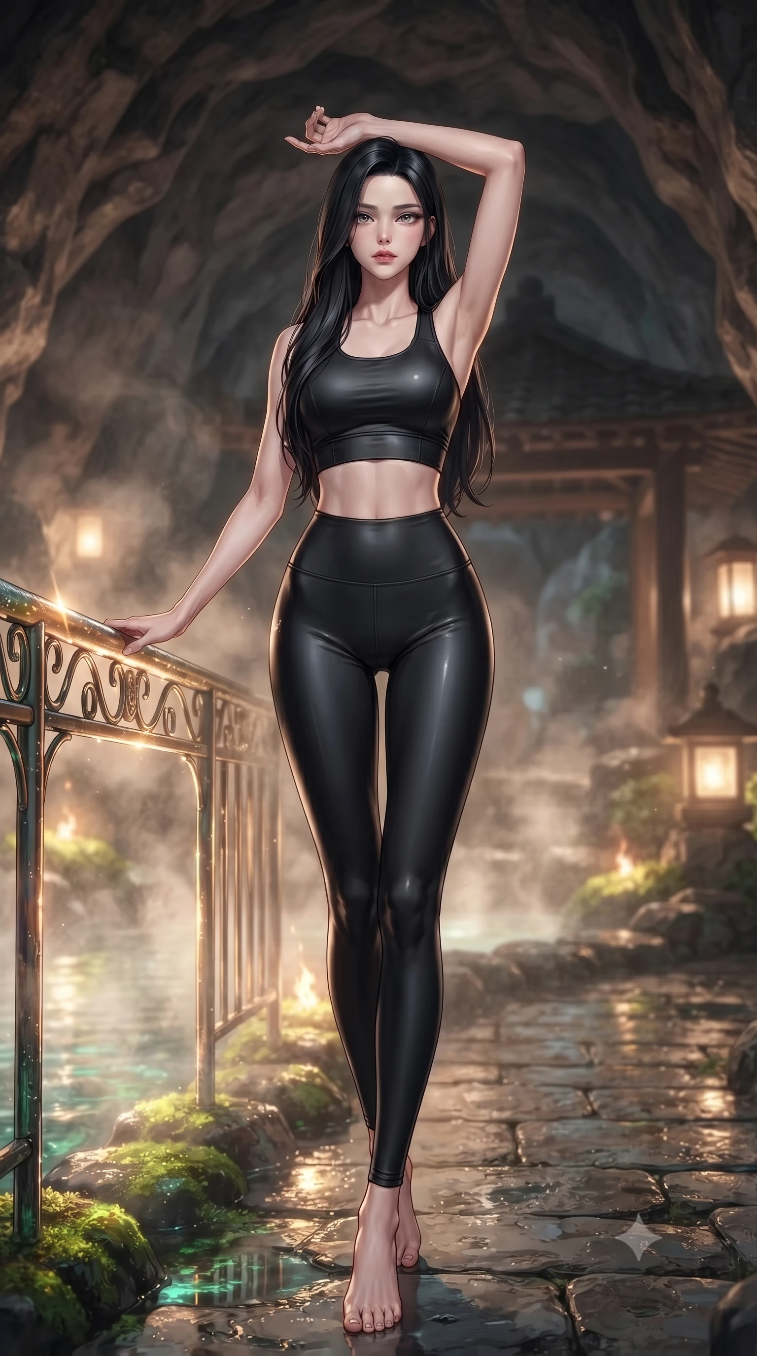 score_9, masterpiece, best quality, ultra-detailed, high-budget anime keyframe, editorial fashion photography, tasteful artistic composition, Korean woman. low angle full-body shot from head to toe showing her feet, filling the entire 9:16 vertical frame with her statuesque presence, stretching her vertical silhouette. standing in a tall, confident posture with one hand on a glowing metal railing, stretching her statuesque body, the background shows a soft-focus a tea pavilion hot spring inside a cave with warm steaming water. She has an absolutely perfect, statuesque 8.5-heads proportion, an exceptionally tall and slender model-like female figure with impossibly long slender legs and an ultra-slim waist. sharp v-shaped jawline, high-bridge nose, intricate jewel-like eyes with depth, thick eyelashes, glossy lips with a natural sheen. wearing a tailored form-fitting athletic crop top and matching high-waisted compression leggings in sleek carbon-black tech fabric. soft flickering light from glowing moss reflecting on the pool water. ultra-reflective glossy finish, specular highlights, metallic sheen, high-contrast stereoscopic depth, volumetric dynamic lighting, 2k, ultra detail, master piece, 9:16 ratio