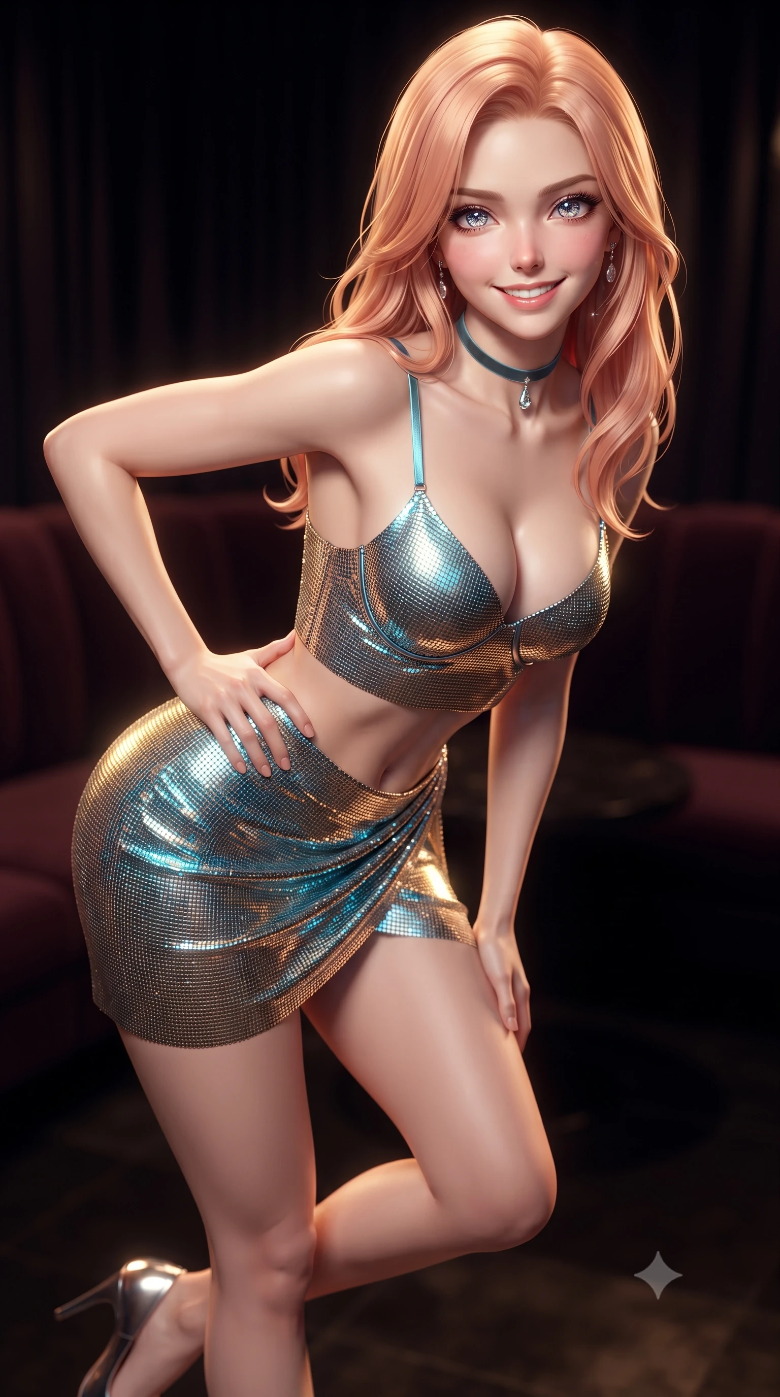 score_9, masterpiece, best quality, ultra-detailed, high-budget anime keyframe, editorial fashion photography, tasteful artistic composition, Japanese woman. close-up cowboy shot from the waist and thighs up, the character dominates the composition, filling the frame with her large presence. leaning forward while arching her lower back to accentuate her curvy hips, looking into the camera with an intoxicating smoldering gaze and bedroom-eyes while standing beside the curved rosewood banquette with one hand on her hip, her form-fitting dress with daring cutouts commanding the room. The background shows a soft-focus dark velvet lounge booths softened in ultra-exclusive Tokyo private club shallow focus. She has an exceptionally elegant, slender, and willowy female figure with an ultra-slim waist, flat toned midriff, narrow ribcage, and sculpted feminine hips creating an alluring, slim hourglass silhouette without bulk. sharp v-shaped jawline, high-bridge nose, intricate jewel-like sparkling eyes with depth, thick eyelashes, glossy parted lips with a natural peach sheen, bright cheerful beaming smile with an enchanting and coquettish sensual glint, exuding both youthful cute charm and seductive allure, flawlessly proportioned anatomical accuracy, strict slender model proportions, natural body alignment, perfectly sculpted long slender limbs, ultra-slim waistline, clean dynamic posture without body distortion. wearing a sculpted underwire demi-bustier in satin paired with an ultra-short draped wrap tulip skirt and gold hip chain in Shibuya electric cyan and chrome silver, made of shimmering fluid gold chainmail mesh reflecting ambient chandelier light, finished with a thin velvet ribbon choker and a single teardrop diamond pendant, the form-contouring silhouette accentuating her sculpted flat midriff, narrow delicate ribcage, and gracefully curvy hips with intoxicating allure. illuminated by low-key ambient bar downlights and crisp honey-gold rim lights defining her jawline, flat midriff, and slender waist. ultra-reflective glossy finish, specular highlights, rich textural contrasts, high-contrast stereoscopic depth, volumetric dynamic lighting, 2k, ultra detail, master piece, 9:16 ratio