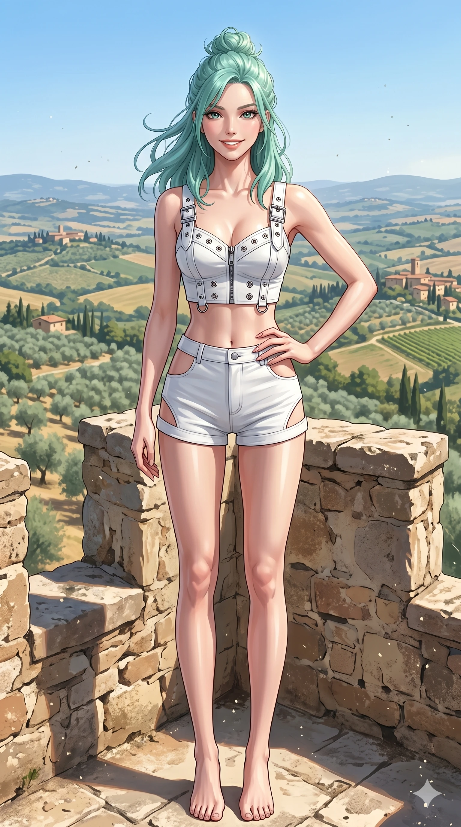 score_9, masterpiece, best quality, ultra-detailed, high-budget anime keyframe, editorial fashion photography, tasteful artistic composition, Japanese woman. cowboy shot from the thighs up, character and outfit filling the frame for maximum editorial presence. posing confidently with one hand on her hip, smiling with bright self-assurance standing on a ruined stone tower overlooking a sunny valley in Tuscany. She has an absolutely perfect 8-heads proportion, an exceptionally tall and slender female figure with impossibly long slender legs and an ultra-slim waist. V-shaped jawline, high-bridge nose, intricate jewel-like eyes with depth, thick eyelashes, glossy lips with a natural sheen. wearing a structured white crop top with chrome hardware and high-waisted shorts with side cuts. drenched in brilliant, direct midday sunlight that highlights her athletic build. 2k, ultra detail, master piece, 9:16 ratio