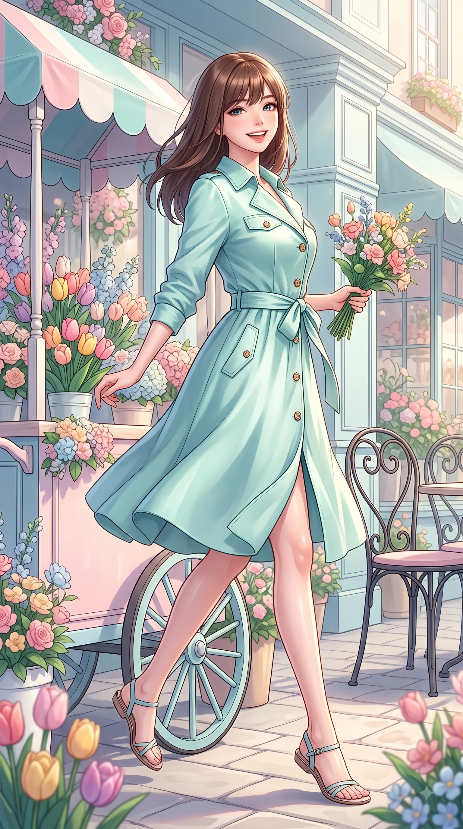 score_9, masterpiece, best quality, ultra-detailed, high-budget anime keyframe, editorial fashion photography, tasteful artistic composition, Korean woman. low angle full-body shot from head to toe showing her feet, filling the entire 9:16 vertical frame with her statuesque presence, stretching her vertical silhouette. stepping forward gracefully in mid-motion with a delighted cute expression, displaying her statuesque model proportions while pivoting playfully near a pastel flower cart holding a bouquet of colorful tulips with a beaming smile. The surrounding environment is rendered in vivid detail and crisp panoramic clarity. intricate floral shop displays, wrought-iron cafe chairs, and crisp architectural details rendered in vivid clarity. She has an absolutely perfect, statuesque 8.5-heads proportion, an exceptionally tall and slender model-like female figure with impossibly long slender legs and an ultra-slim waist. sharp v-shaped jawline, high-bridge nose, intricate jewel-like eyes with depth, thick eyelashes, glossy lips with a natural sheen, flawlessly proportioned anatomical accuracy, natural body alignment, perfectly sculpted elegant limbs, clean dynamic posture without body distortion. wearing a stylish pastel mint trench dress with a tied belt waist and folded collar in ocean turquoise and sea-salt white, crafted from smooth fluid silk satin, finished with neat front wooden buttons and pocket details, the chic real-way fashion cut emphasizing her effortless charm. bathed in brilliant morning sunshine and warm pastel flower shop ambient glow. highly saturated vibrant anime colors, detailed shading with soft gradients, rich glossy textures, high-contrast stereoscopic depth, volumetric dynamic lighting, master piece, 9:16 ratio