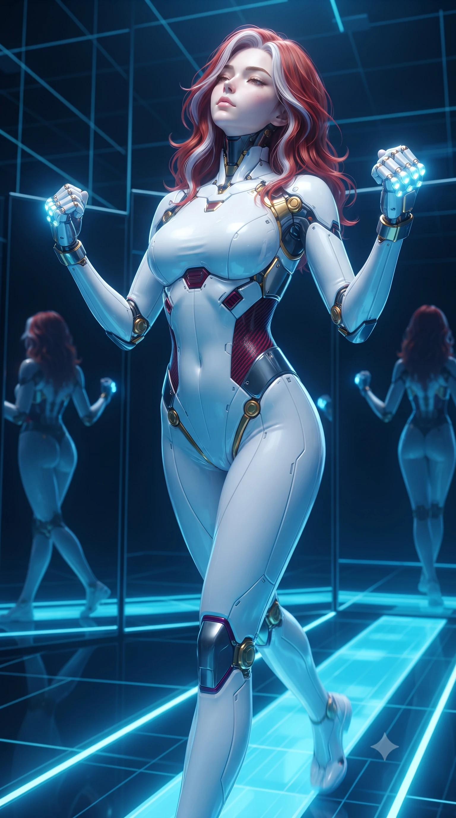 score_9, masterpiece, best quality, ultra-detailed, high-budget anime keyframe, editorial fashion photography, tasteful artistic composition, Caucasian woman. close-up cowboy shot from the waist and thighs up, the character dominates the composition, filling the frame with her large presence. tilting her head back with serene warrior composure, her sharp jawline and sculpted collarbones highlighted by glowing neon kinetic knuckles while stepping along a glowing blue data pathway with effortless sovereign grace as matrix mirrors reflect her silhouette. The surrounding environment is rendered in vivid detail and crisp panoramic clarity. razor-sharp quantum grid line geometries, distinct holographic after-image silhouettes, and black glass in deep focus. She has an exceptionally elegant, slender, and willowy female figure with an ultra-slim waist, a gracefully sculpted slender torso, toned flat midriff, and a refined slim silhouette. sharp v-shaped jawline, high-bridge nose, intricate jewel-like eyes with depth, thick eyelashes, glossy lips with a natural sheen, flawlessly proportioned anatomical accuracy, strict slender model proportions, natural body alignment, perfectly sculpted long slender limbs, ultra-slim waistline, clean dynamic posture without body distortion. wearing a form-contouring arctic white carbon-composite martial arts leotard with solar gold articulation joints and diagonal midriff vents in deep crimson carbon weave with specular dark chrome accents, made of lightweight aerodynamic carbon-titanium alloy with polished edge bevels, finished with high-mobility flexible limb seams and miniature magnetic armor locks, the sleek second-skin cut tightly hugging her graceful clavicle, narrow waist, and feminine curves with athletic precision. bathed in glowing electric sapphire and cyan data stream illumination with rich ambient blue fill. ultra-reflective glossy finish, specular highlights, dark metallic sheen, high-contrast stereoscopic depth, volumetric dynamic lighting, 2k, ultra detail, master piece, 9:16 ratio