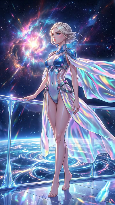 A majestic cosmic finale. A woman stands on a glass balcony overlooking a vast, glowing planet from outer space. Her long, iridescent cape flows endlessly behind her, shimmering with rainbow colors like a nebula. Stars and distant galaxies twinkle in