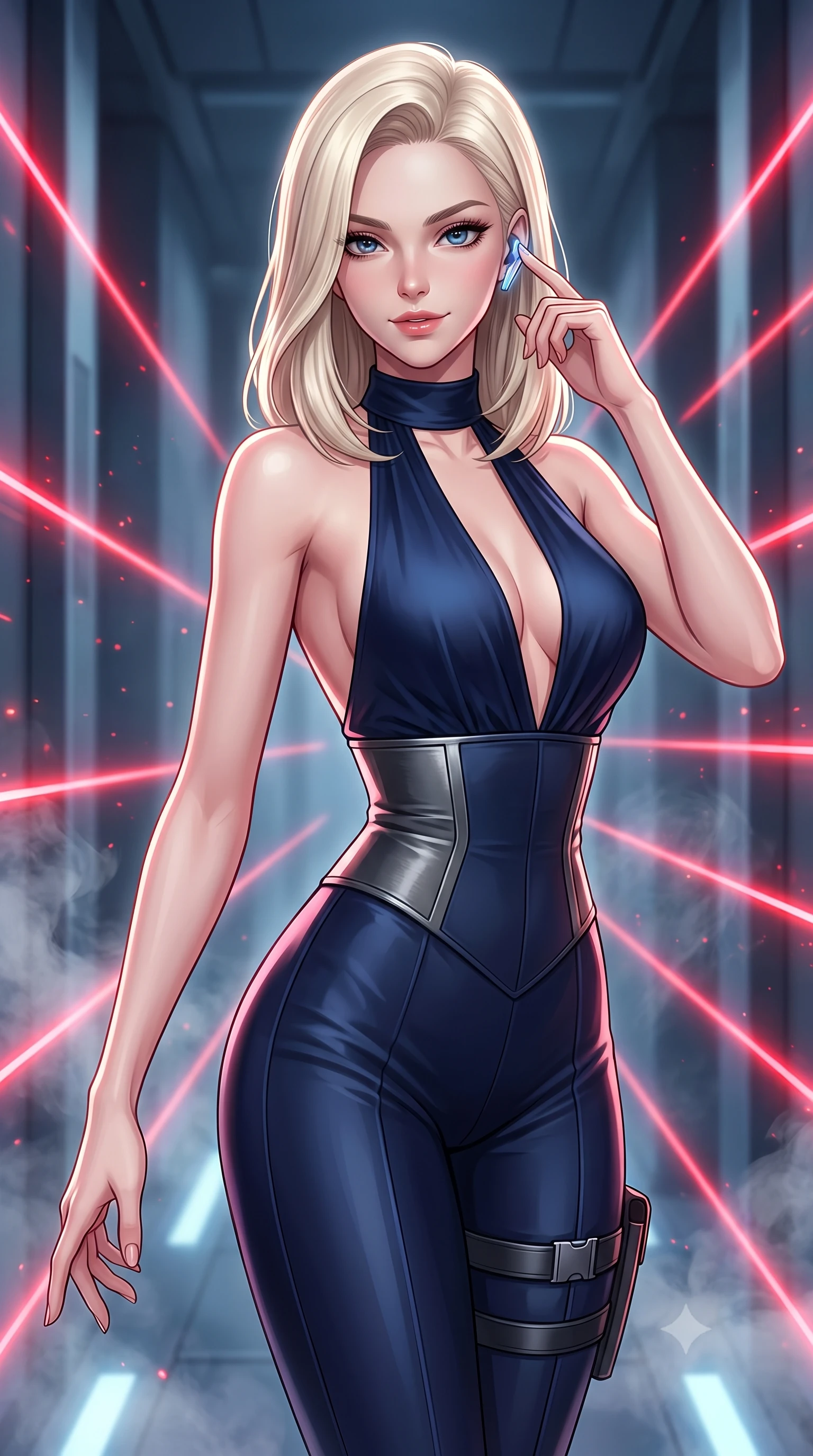 score_9, masterpiece, best quality, ultra-detailed, high-budget anime keyframe, semi-realistic 3D game render, editorial fashion photography, tasteful artistic composition, Caucasian woman. close-up cowboy shot from the waist and thighs up, the character dominates the composition, filling the frame with her large presence. extending one slender arm gracefully toward the foreground while casting an affectionate, mesmerizing glance while standing poised between narrow laser beam corridors, tapping her holographic earpiece with a cool, triumphant smirk. The composition keeps background elements in soft focus with creamy bokeh. cooling vapor wisps and airborne particulate dust catching bright red laser beam motes. She has an exceptionally elegant, slender, and willowy female figure with an ultra-slim waist, a gracefully sculpted slender torso, toned flat midriff, and a refined slim silhouette. sharp v-shaped jawline, high-bridge nose, intricate jewel-like eyes with depth, thick eyelashes, glossy lips with a natural sheen, captivating and magnetic expression, flawlessly proportioned anatomical accuracy, strict slender model proportions, natural body alignment, perfectly sculpted long slender limbs, ultra-slim waistline, clean dynamic posture without body distortion. wearing a high-society undercover halter-neck jumpsuit with a tailored deep-V back and integrated tactical waist cincher in deep midnight blue and brushed gunmetal, tailored from fluid silk crepe with inner ballistic reinforcement, accessorized with a sleek concealed garter holster and pearl ear transmitter edition #21, the glove-like aerodynamic second-skin fit tightly clinging to her ultra-slender waist and athletic curves without adding bulk, accentuating her razor-sharp statuesque lines and slim hourglass silhouette. illuminated by crisp directional rim lighting sharply carving her ultra-slim waist and sculpted silhouette. highly saturated vibrant anime colors, detailed shading with soft gradients, rich glossy textures, high-contrast stereoscopic depth, volumetric dynamic lighting, master piece, 9:16 ratio