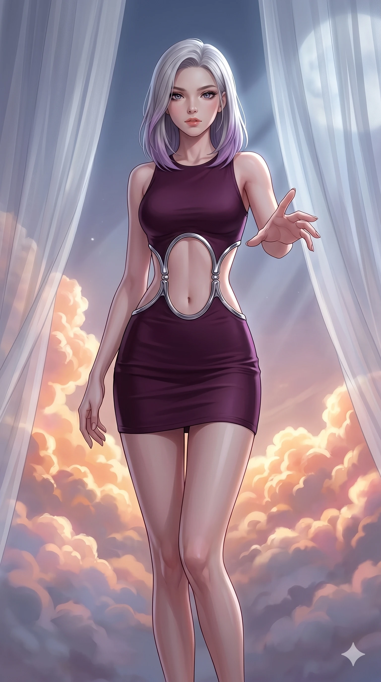 score_9, masterpiece, best quality, ultra-detailed, high-budget anime keyframe, editorial fashion photography, tasteful artistic composition, Caucasian woman, strictly human ears. cowboy shot from the thighs up, character and outfit filling the frame for maximum editorial presence. Reaching one hand toward the viewer with relaxed elegance inside a luminous cloud palace where cumulus formations glow with amber and rose from within. She has an absolutely perfect 8-heads proportion, an exceptionally tall and slender female figure with impossibly long slender legs and an ultra-slim waist. V-shaped jawline, high-bridge nose, intricate jewel-like eyes with depth, thick eyelashes, glossy lips with a natural sheen. wearing a deep plum precision bodycon mini dress with a dramatic architectural open-waist cutout framed by sculptural chrome hardware, the fitted fabric emphasizing her ultra-slim waist above and below. bathed in cold silver moonlight filtered through translucent gossamer curtains casting soft shadows on her curves. 2k, ultra detail, master piece, 9:16 ratio