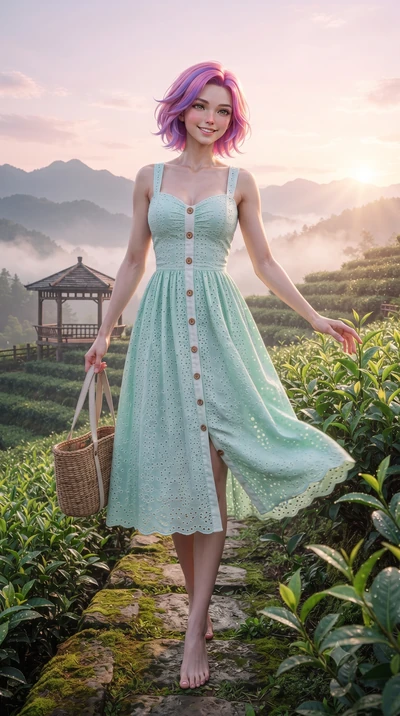 score_9, masterpiece, best quality, ultra-detailed, high-budget anime keyframe, editorial fashion photography, tasteful artistic composition, Caucasian woman. low angle full-body shot from head to toe showing her feet, filling the entire 9:16 vertica