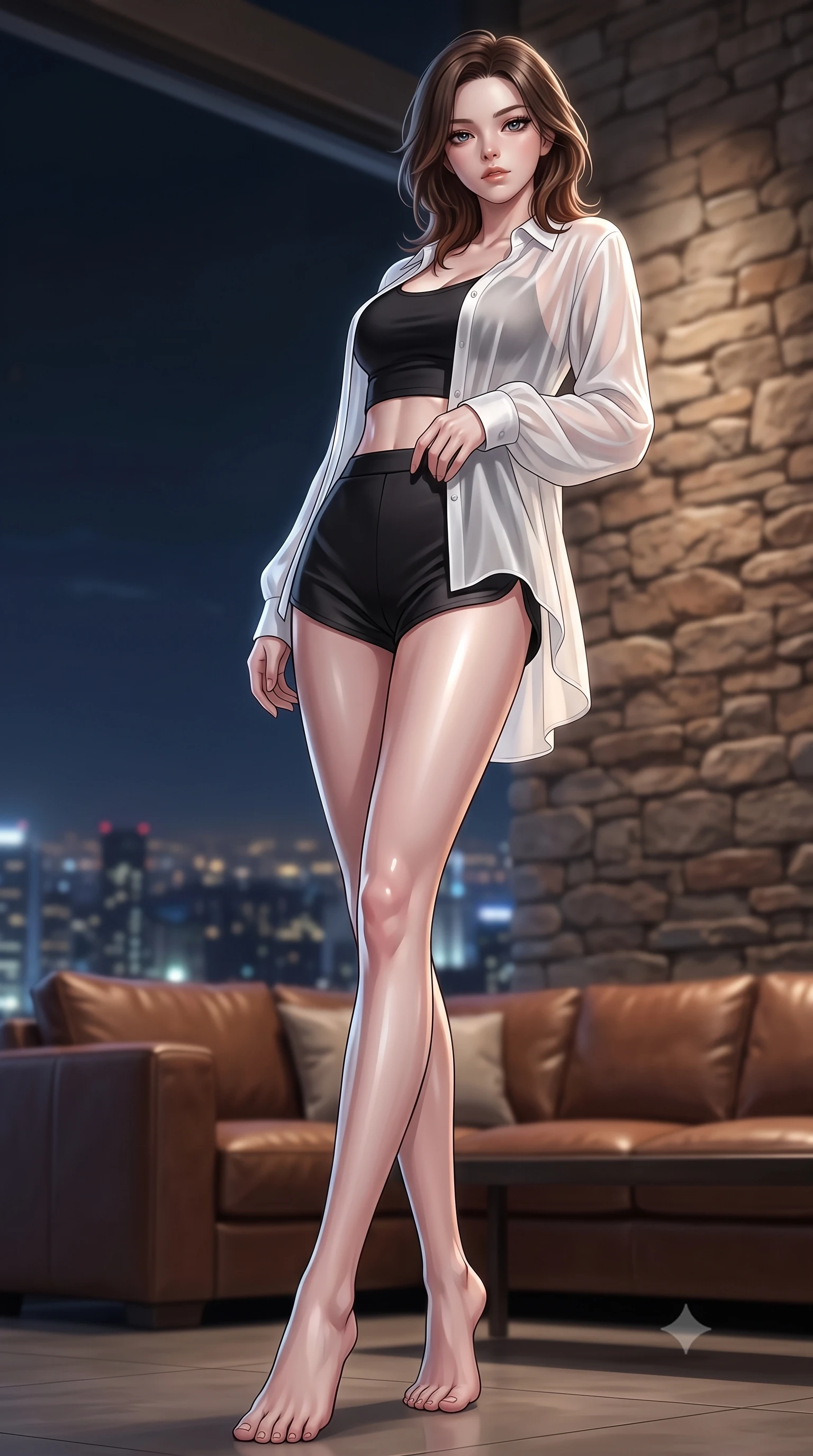 score_9, masterpiece, best quality, ultra-detailed, high-budget anime keyframe, editorial fashion photography, tasteful artistic composition, Korean woman. low angle full-body shot from head to toe showing her feet, filling the entire 9:16 vertical frame with her statuesque presence, stretching her vertical silhouette. leaning back against a rustic stone wall, casting a slow, alluring gaze at the camera the background shows a soft-focus a helipad lounge bar with leather sofas and panoramic views of the city at night. She has an absolutely perfect, statuesque 8.5-heads proportion, an exceptionally tall and slender model-like female figure with impossibly long slender legs and an ultra-slim waist. sharp v-shaped jawline, high-bridge nose, intricate jewel-like eyes with depth, thick eyelashes, glossy lips with a natural sheen. wearing a form-contouring lightweight chiffon cover-up shirt worn open over a crop top and high-cut shorts. soft spotlighting highlighting the silk textures of her gown. ultra-reflective glossy finish, specular highlights, metallic sheen, high-contrast stereoscopic depth, volumetric dynamic lighting, 2k, ultra detail, master piece, 9:16 ratio