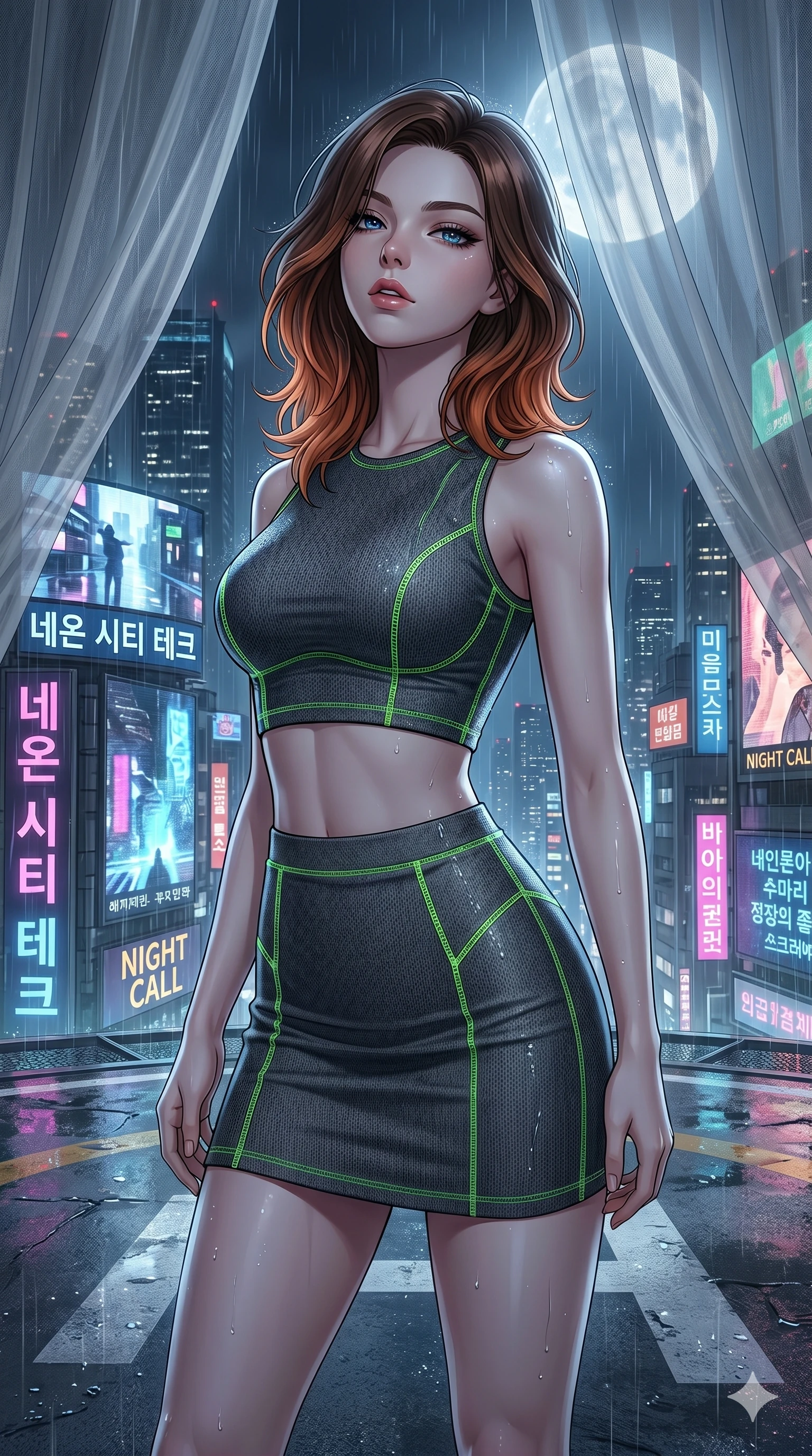 score_9, masterpiece, best quality, ultra-detailed, high-budget anime keyframe, editorial fashion photography, tasteful artistic composition, Korean woman. cowboy shot from the thighs up, character and outfit filling the frame for maximum editorial presence. Tilting her chin up slightly with lips parted in a composed expression atop a high-rise helipad overlooking a rainy cyber-city illuminated by giant video billboards. She has an absolutely perfect 8-heads proportion, an exceptionally tall and slender female figure with impossibly long slender legs and an ultra-slim waist. V-shaped jawline, high-bridge nose, intricate jewel-like eyes with depth, thick eyelashes, glossy lips with a natural sheen. wearing a fitted crop top and matching mini skirt in charcoal grey tech-knit, featuring glowing neon-green flatlock stitching along all seams. bathed in cold silver moonlight filtered through translucent gossamer curtains casting soft shadows on her curves. 2k, ultra detail, master piece, 9:16 ratio