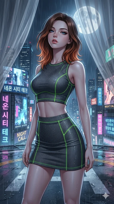score_9, masterpiece, best quality, ultra-detailed, high-budget anime keyframe, editorial fashion photography, tasteful artistic composition, Korean woman. cowboy shot from the thighs up, character and outfit filling the frame for maximum editorial p