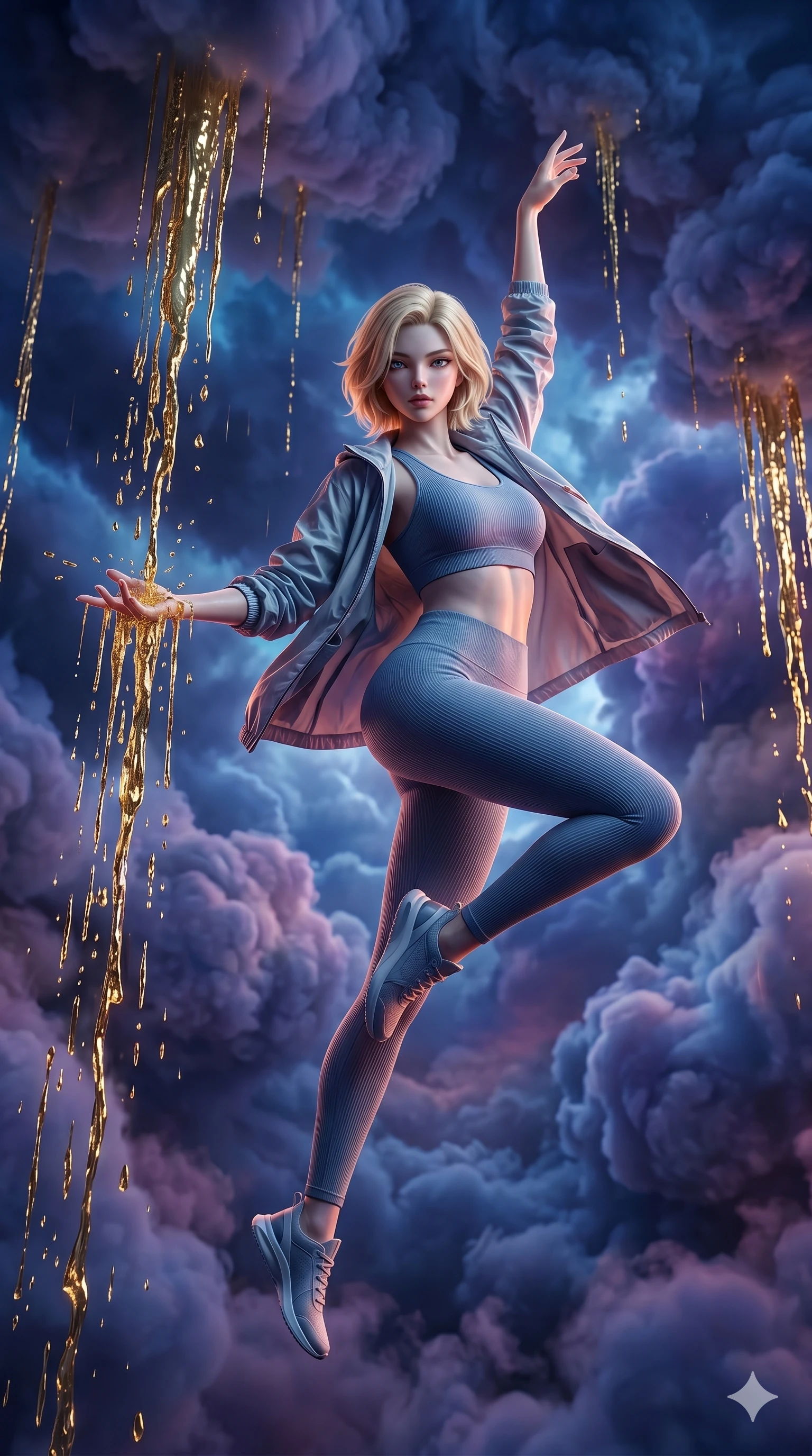 score_9, masterpiece, best quality, ultra-detailed, photorealistic 8k CG, hyper-detailed textures, ray-tracing, Korean woman. Mid-air action shot capturing a graceful twist and vertical silhouette. commanding a rain of liquid gold to fall from the clouds. She has an absolutely perfect 8-heads proportion, an exceptionally tall and slender female figure with graceful and slender proportions. strictly human anatomy, two legs only, no extra limbs, clearly defined legs and arms, perfect anatomy, perfect hands and fingers. sharp v-shaped jawline, high-bridge nose, intricate jewel-like eyes, thick eyelashes, glossy lips. Wearing Premium Athleisure: Ribbed sports bra and leggings set, light windbreaker, and sleek high-performance activewear. The scene is illuminated by dramatic atmospheric lighting and vibrant color palettes. , 2k, ultra detail, master piece, 9:16 ratio