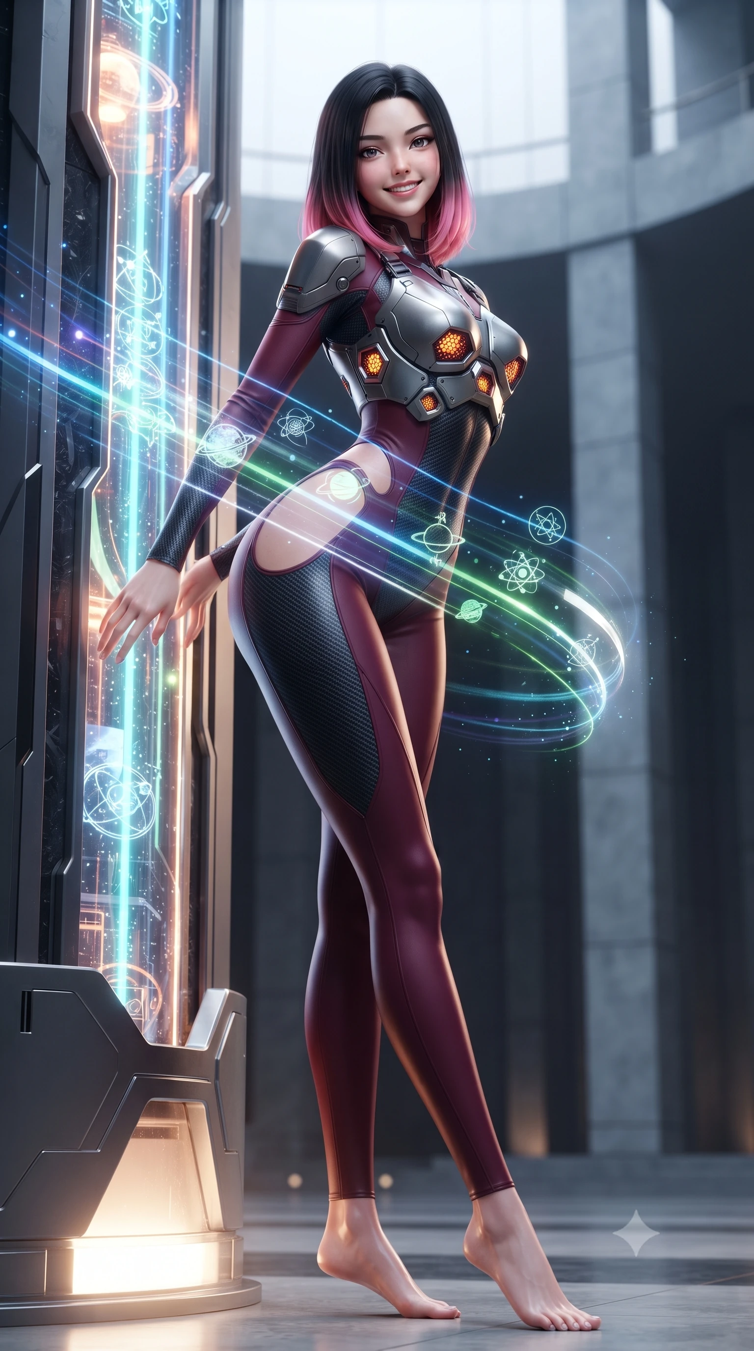 score_9, masterpiece, best quality, ultra-detailed, high-budget anime keyframe, editorial fashion photography, tasteful artistic composition, Korean woman. low angle full-body shot from head to toe showing her feet, filling the entire 9:16 vertical frame with her statuesque presence, stretching her vertical silhouette. leaning deep against the glowing energy conduit with hips cocked back in an unapologetically alluring high-fashion stance, flashing a warm beaming smile while twisting her slender torso in an alluring contrapposto stance, complex planetary data streams wrapping around her narrow waist and hips. The surrounding environment is rendered in vivid detail and crisp panoramic clarity: detailed tailored suit texture, digital data reflections on skin, and monumental government architecture in razor-sharp precision. She has an absolutely perfect, statuesque 8.5-heads proportion, an exceptionally tall and slender model-like female figure with impossibly long slender legs, an ultra-slim waist, a flat toned midriff, narrow delicate ribcage, and beautifully sculpted feminine hips creating a graceful, slim hourglass silhouette without any bulky heaviness. sharp v-shaped jawline, high-bridge nose, intricate jewel-like sparkling eyes with depth, thick eyelashes, glossy parted lips with a natural sheen, bright confident smile with an enchanting and coquettish sensual glint, exuding both youthful magnetic charm and sovereign high-tech allure, flawlessly proportioned anatomical accuracy, strict slender model proportions, natural body alignment, perfectly sculpted long slender limbs, ultra-slim waistline, clean dynamic posture without body distortion. wearing a sculpted titanium-alloy breastplate bodice worn over an ultra-tight matte stretch bodysuit with side hip cutouts in deep wine crimson and dark carbon weave, tailored from brushed aeronautical titanium alloy with matte satin sheen, accented with subtle hexagonal heat-sink vents glowing with dim orange thermal heat, the high-waisted tailoring accentuating her ultra-slim waistline and the enchanting curve of her feminine hips with alluring dark charm. illuminated by under-floor uplighting and sharp champagne rim lighting sculpting her razor-sharp jawline, narrow waist, and curvy hips. ultra-reflective glossy finish, specular highlights, rich textural contrasts, high-contrast stereoscopic depth, volumetric dynamic lighting, 2k, ultra detail, master piece, 9:16 ratio
