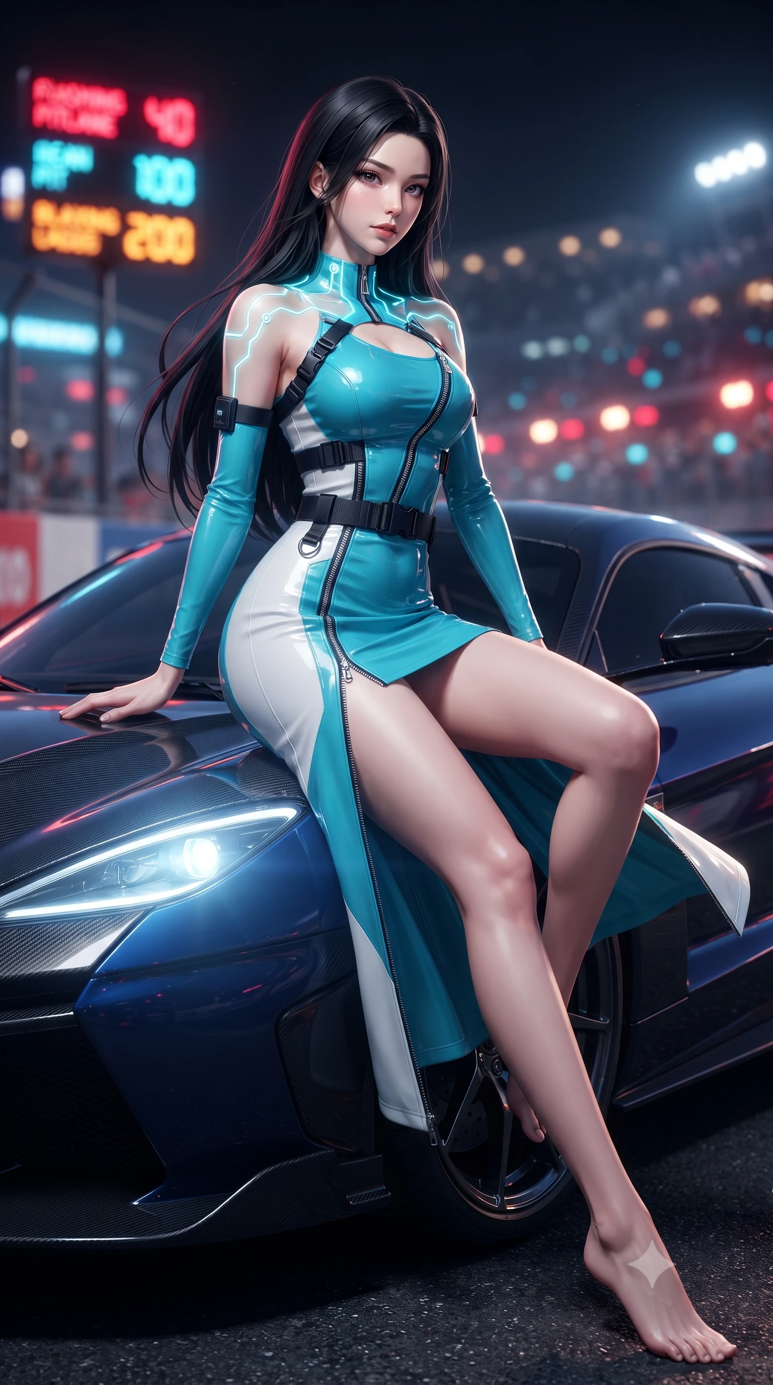 score_9, masterpiece, best quality, ultra-detailed, high-budget anime keyframe, editorial fashion photography, tasteful artistic composition, Korean woman. low angle full-body shot from head to toe showing her feet, filling the entire 9:16 vertical frame with her statuesque presence, stretching her vertical silhouette. executing an elegant mid-motion turn as garments swirl around her slender limbs, glancing over her shoulder with smoldering allure while sitting poised on the glossy carbon-fiber hood of a midnight hypercar, one leg extended and torso angled back with seductive confidence. The composition keeps background elements in soft focus with creamy bokeh. flashing neon pitlane status boards and distant crowd stadium lights blurred into blazing crimson, electric cyan, and amber bokeh. She has an absolutely perfect, statuesque 8.5-heads proportion, an exceptionally tall and slender model-like female figure with impossibly long slender legs, a toned flat midriff, and an ultra-slim waist. sharp v-shaped jawline, high-bridge nose, intricate jewel-like eyes with depth, thick eyelashes, glossy parted lips with a natural sheen, intensely captivating and seductive expression, flawlessly proportioned anatomical accuracy, strict slender model proportions, natural body alignment, perfectly sculpted long slender limbs, ultra-slim waistline, clean dynamic posture without body distortion. wearing a form-contouring vinyl track dress with diagonal zipper detailing and an ultra-high side slit in racing aqua blue and stark white, crafted from flexible reflective spandex and heavy tactical webbing, finished with glowing cyan circuit lines tracing her collarbones and shoulders, the athletic second-skin cut highlighting her toned flat midriff and slender model proportions during dynamic action. bathed in high-intensity xenon hypercar headlights and neon pitlane floodlights. ultra-reflective glossy finish, specular highlights, rich textural contrasts, high-contrast stereoscopic depth, volumetric dynamic lighting, 2k, ultra detail, master piece, 9:16 ratio