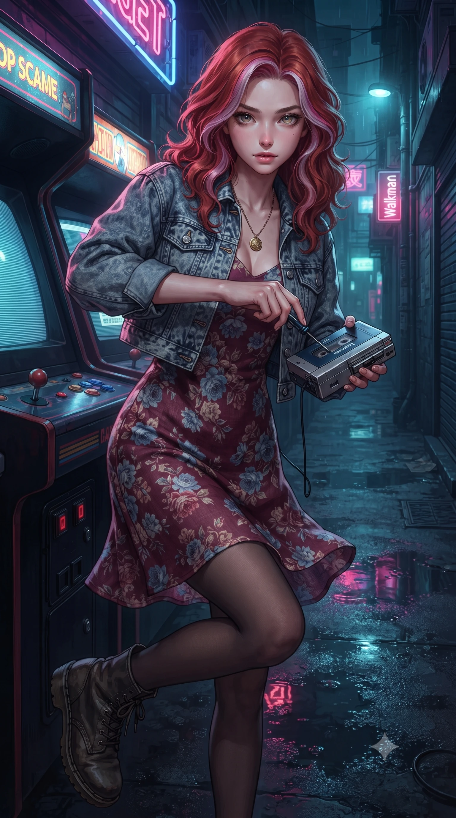 score_9, masterpiece, best quality, ultra-detailed, high-budget anime keyframe, editorial fashion photography, tasteful artistic composition, Caucasian woman. close-up cowboy shot from the waist and thighs up, the character dominates the composition, filling the frame with her large presence. radiating intense magnetic charisma with jewel-like eyes locked onto the viewer, her upper body turning in a dynamic, fluid S-curve while stepping out of the arcade into the neon-lit alleyway, adjusting her cassette tape player with supreme retro cool. The surrounding environment is rendered in vivid detail and crisp panoramic clarity. sharp CRT monitor scanlines, coin-op joystick and button details, and retro Walkman metallic casing in deep focus. She has an exceptionally elegant, slender, and willowy female figure with an ultra-slim waist, a gracefully sculpted slender torso, toned flat midriff, and a refined slim silhouette. sharp v-shaped jawline, high-bridge nose, intricate jewel-like eyes with depth, thick eyelashes, glossy lips with a natural sheen, captivating and magnetic expression, flawlessly proportioned anatomical accuracy, strict slender model proportions, natural body alignment, perfectly sculpted long slender limbs, ultra-slim waistline, clean dynamic posture without body distortion. wearing a classic cropped acid-wash denim jacket paired with a floral print slip dress and combat boots in rich wine burgundy and faded vintage blue, woven from soft breathable linen that flutters gently with every step, accented with a vintage gold coin pendant necklace and dark sheer tights, the form-contouring material adhering flawlessly to her sculpted flat midriff and slender torso, emphasizing her long leg lines and perfectly proportioned willowy build. illuminated by crisp directional highlights defining her toned midriff, slender waist, and long legs. ultra-reflective glossy finish, specular highlights, rich textural contrasts, high-contrast stereoscopic depth, volumetric dynamic lighting, 2k, ultra detail, master piece, 9:16 ratio