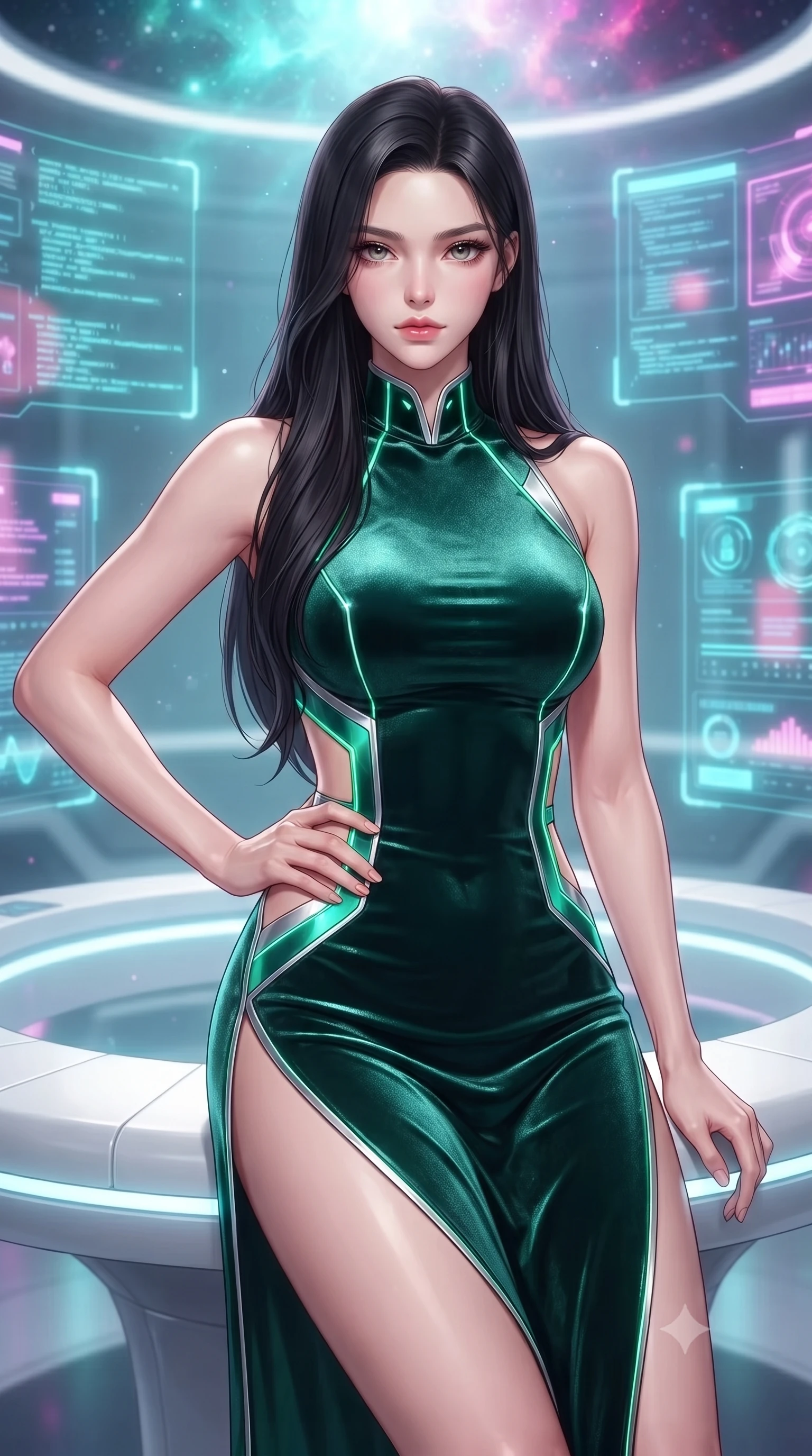 score_9, masterpiece, best quality, ultra-detailed, high-budget anime keyframe, editorial fashion photography, tasteful artistic composition, Korean woman. close-up cowboy shot from the waist and thighs up, the character dominates the composition, filling the frame with her large presence, background elements kept in soft focus. Holding a confident power pose with one hand on her hip, gazing directly into the camera with quiet intensity resting on a sleek white floating console amidst glowing code streams, translucent cyan and magenta holographic panels hovering seamlessly. She has an exceptionally elegant, slender, and willowy female figure with an ultra-slim waist, a gracefully sculpted slender torso, and a refined silhouette. sharp v-shaped jawline, high-bridge nose, intricate jewel-like eyes with depth, thick eyelashes, glossy lips with a natural sheen. wearing a skin-tight cybernetic bodysuit with glowing neon seams and side cutouts in deep emerald green and silver accent, made of premium stretch velvet with a rich sheen, finished with a sleek side slit ascending to mid-thigh, the elegant draped fit framing her graceful clavicle and slender torso. illuminated by radiant cosmic nebula light and glowing holographic displays. highly saturated vibrant anime colors, detailed shading with soft gradients, rich glossy textures, high-contrast stereoscopic depth, volumetric dynamic lighting, master piece, 9:16 ratio