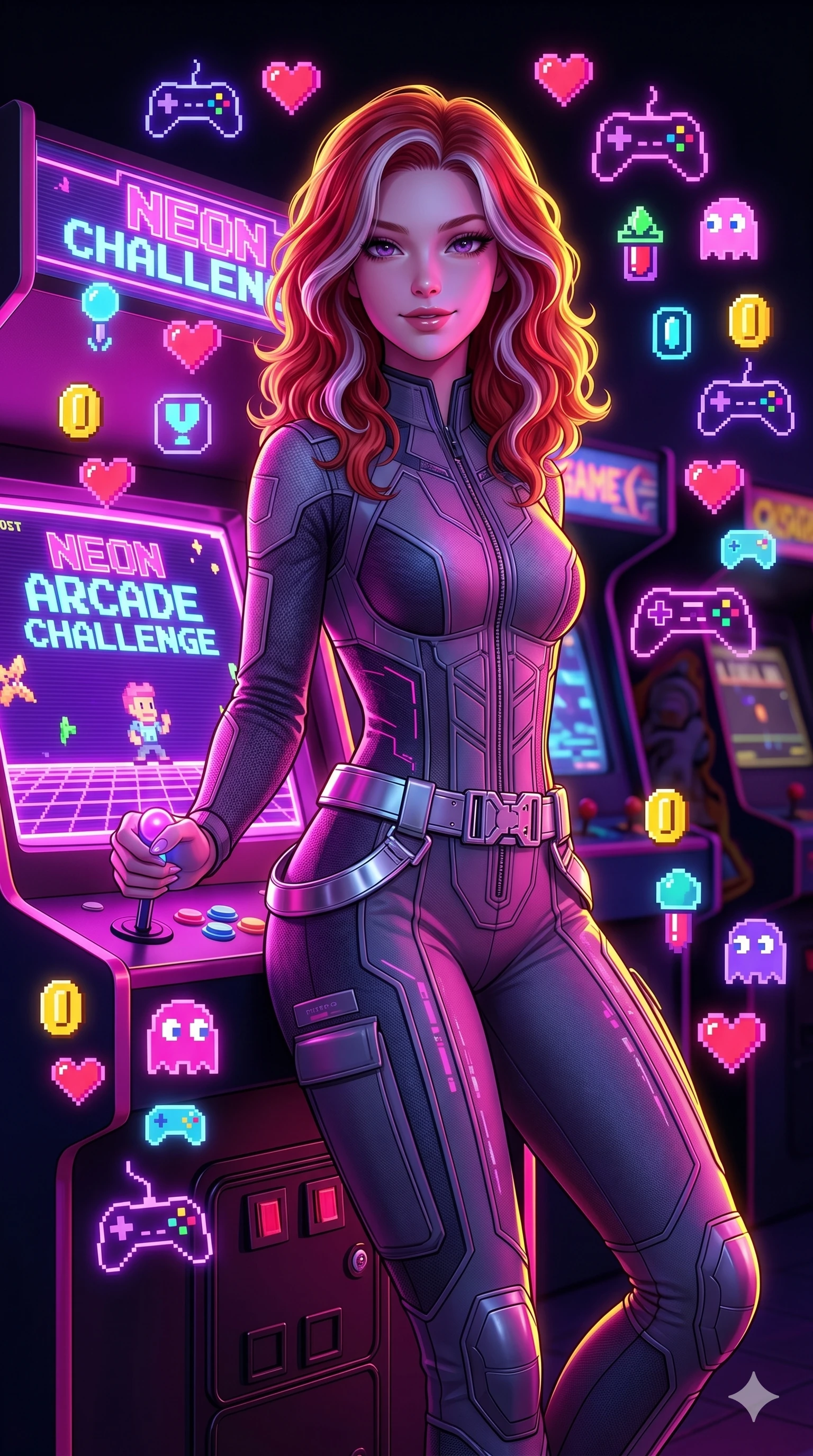 score_9, masterpiece, best quality, ultra-detailed, high-budget anime keyframe, semi-realistic 3D game render, Caucasian woman, strictly human ears. Upper body close-up from the thighs up, character filling the screen for maximum presence. She is leaning back against a glowing retro arcade cabinet, surrounded by floating pixelated neon icons. She holds a glowing joystick with a teasing, commanding smile. She has an absolutely perfect 8-heads proportion, a tall and elegant figure with a refined silhouette and a defined waistline. V-shaped jawline, high-bridge nose, intricate jewel-like eyes with depth, thick eyelashes, glossy lips with a natural sheen. She is wearing a high-fashion tech-jumpsuit featuring structured panel overlays across the torso and shoulders, accented by a metallic silver utility belt and textured fabric sleeves. The scene is illuminated by bright pink and violet neon screen glare and a sharp yellow ambient rim light. 2k, ultra detail, master piece, 9:16 ratio