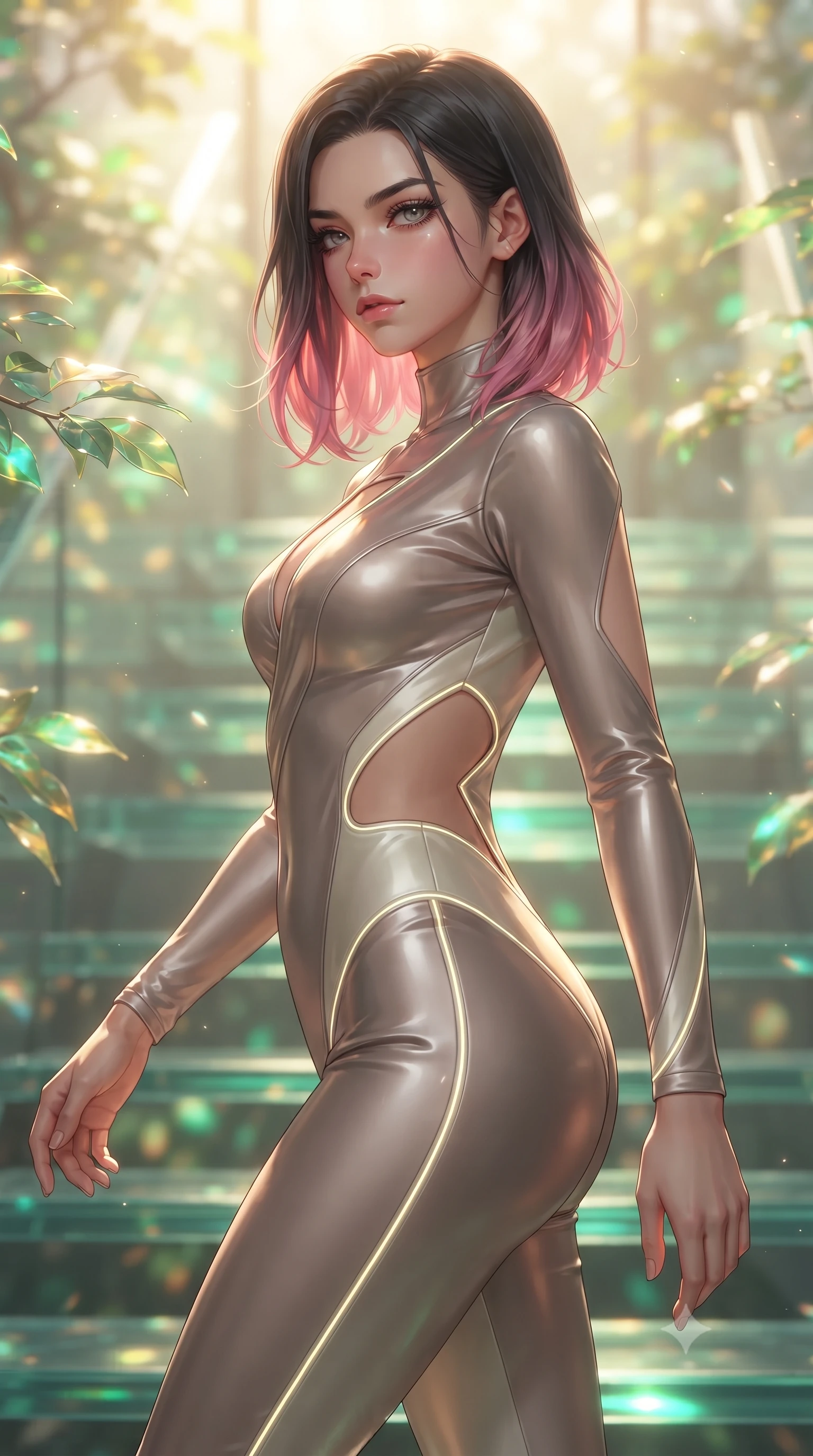 score_9, masterpiece, best quality, ultra-detailed, high-budget anime keyframe, editorial fashion photography, tasteful artistic composition, Korean woman. close-up cowboy shot from the waist and thighs up, the character dominates the composition, filling the frame with her large presence, background elements kept in soft focus. Pivoting sharply while looking back over her shoulder with heavy lashes and a confident, intense gaze while stepping along a vertical glass staircase enveloped by tropical volumetric sunbeams, translucent glass bonsai leaves reflecting vibrant emerald and gold sunbursts. She has an exceptionally elegant, slender, and willowy female figure with an ultra-slim waist, a gracefully sculpted slender torso, and a refined silhouette. sharp v-shaped jawline, high-bridge nose, intricate jewel-like eyes with depth, thick eyelashes, glossy lips with a natural sheen, flawlessly proportioned anatomical accuracy, natural body alignment, perfectly sculpted elegant limbs, clean dynamic posture without body distortion. wearing a skin-tight cybernetic bodysuit with glowing neon seams and side cutouts in muted taupe and soft ivory, crafted from lustrous satin jersey with fluid draping, accented with a Tasteful chest slit framing her clavicle gracefully, the form-contouring material highlighting her ultra-slim waist and long lines. bathed in warm golden sunlight and soft emerald bioluminescent glow. ultra-reflective glossy finish, specular highlights, metallic sheen, high-contrast stereoscopic depth, volumetric dynamic lighting, 2k, ultra detail, master piece, 9:16 ratio