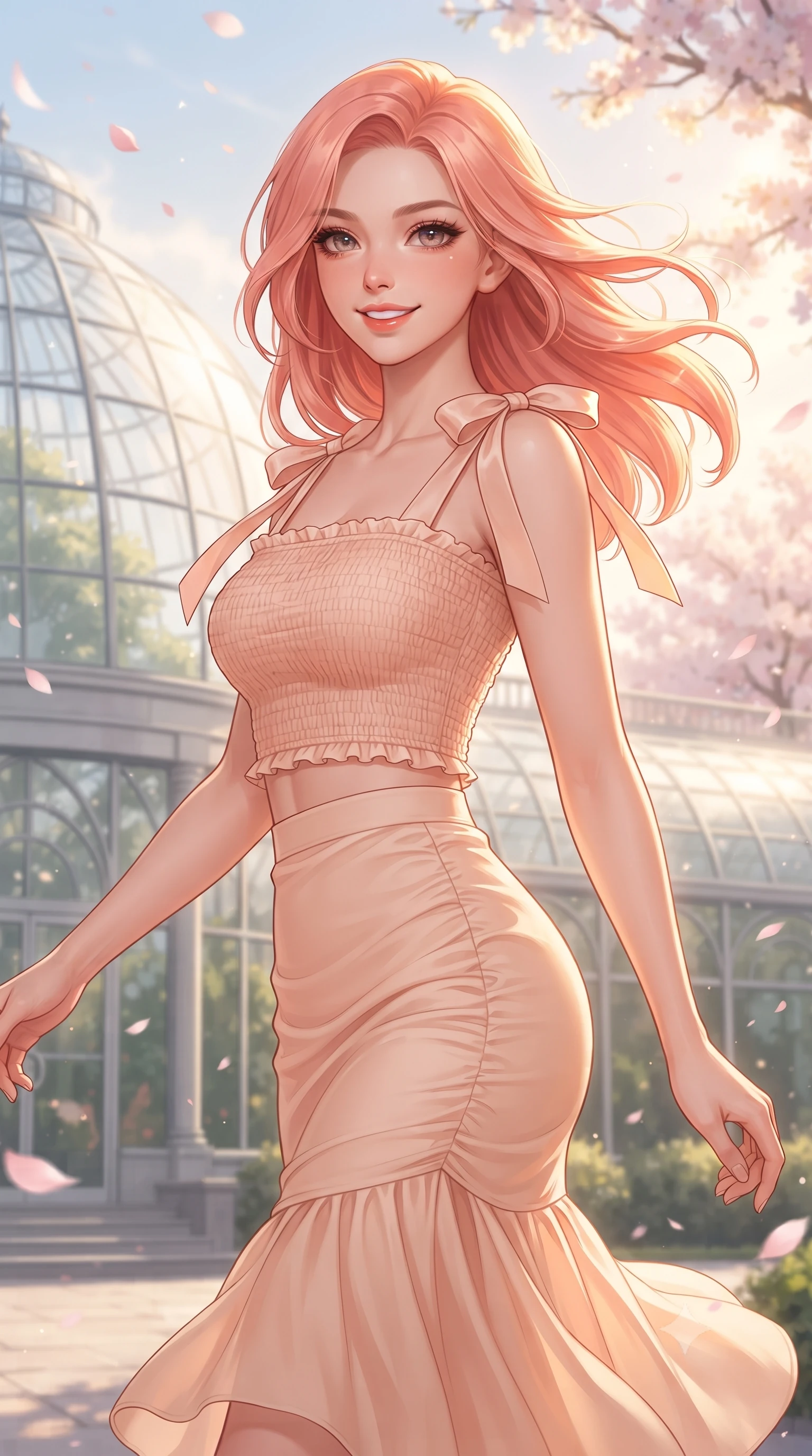 score_9, masterpiece, best quality, ultra-detailed, high-budget anime keyframe, editorial fashion photography, tasteful artistic composition, Japanese woman. close-up cowboy shot from the waist and thighs up, the character dominates the composition, filling the frame with her large presence. turning playfully with a bright confident smile, her glossy hair tossing in the breeze as her hips angle gracefully in a captivating contrapposto while standing poised beside the modernist glass botanical dome, her form-fitting casual chic outfit accentuating her narrow waist and rounded hips. The composition keeps background elements in soft focus with dreamy creamy bokeh. modern glass greenhouse pavilions and drifting petals softened in romantic spring shallow focus. She has an exceptionally elegant, slender, and willowy female figure with an ultra-slim waist, flat toned midriff, narrow ribcage, and sculpted feminine hips creating an alluring, slim hourglass silhouette without bulk. sharp v-shaped jawline, high-bridge nose, intricate jewel-like sparkling eyes with depth, thick eyelashes, glossy parted lips with a natural peach sheen, bright cheerful beaming smile with an enchanting and coquettish sensual glint, exuding both youthful cute charm and seductive allure, flawlessly proportioned anatomical accuracy, strict slender model proportions, natural body alignment, perfectly sculpted long slender limbs, ultra-slim waistline, clean dynamic posture without body distortion. wearing a fitted square-neck smocked crop top paired with a curve-hugging ruched mermaid midi skirt in pastel peach blossom pink and warm champagne ivory, tailored from fine lightweight chiffon that flutters gently in the breeze, finished with cute satin bow ribbons tying at the shoulders, the form-fitting cut adhering flawlessly to her sculpted flat midriff and slender torso, emphasizing her long leg lines and perfectly proportioned willowy build. bathed in warm, golden spring morning sunlight streaming through flowering tree canopies. ultra-reflective glossy finish, specular highlights, rich textural contrasts, high-contrast stereoscopic depth, volumetric dynamic lighting, 2k, ultra detail, master piece, 9:16 ratio