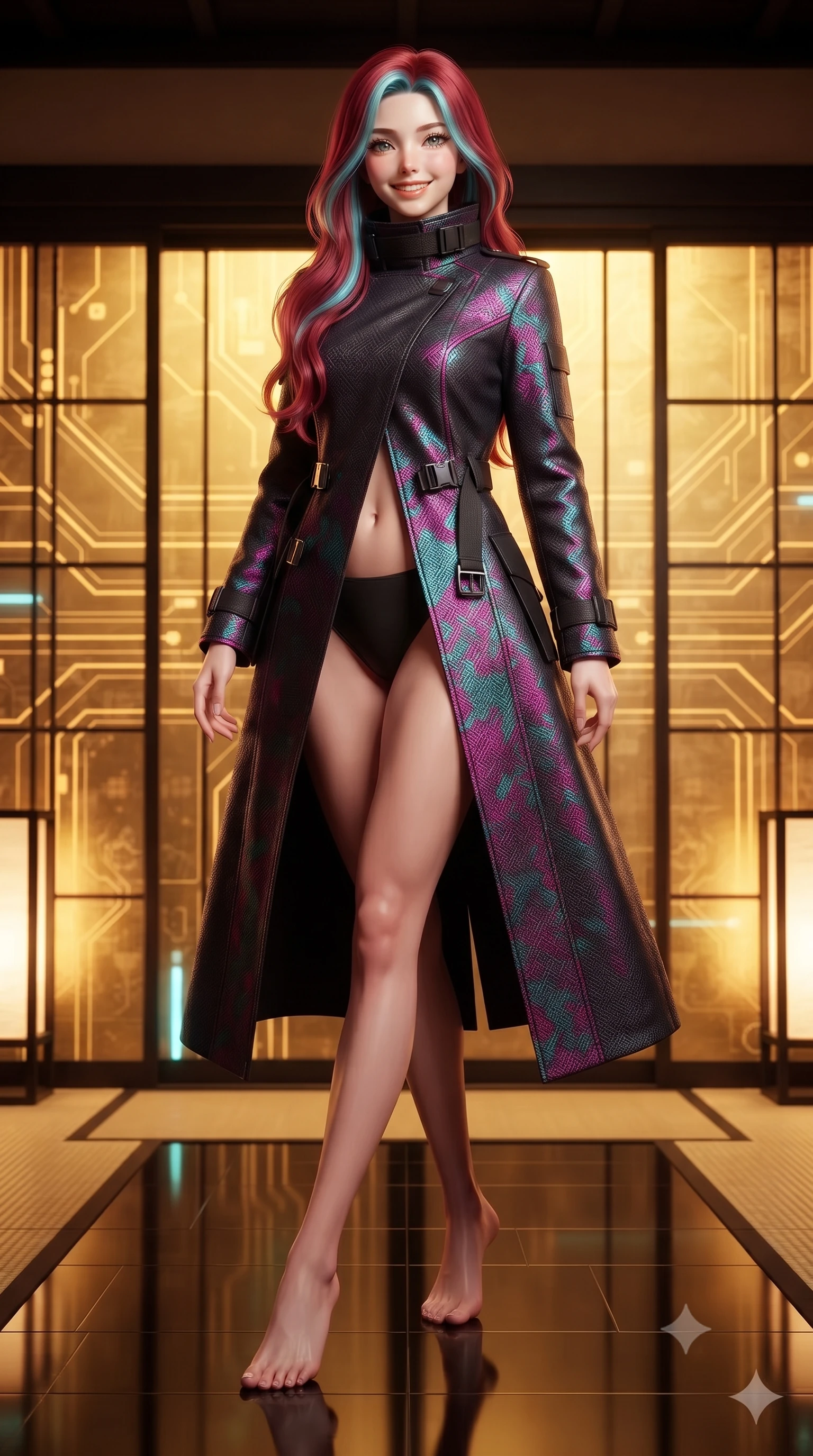 score_9, masterpiece, best quality, ultra-detailed, high-budget anime keyframe, editorial fashion photography, tasteful artistic composition, Caucasian woman. low angle full-body shot from head to toe showing her feet, filling the entire 9:16 vertical frame with her statuesque presence, stretching her vertical silhouette. lounging on the lavish daybed with legs crossed and hips angled toward the camera, displaying her toned midriff and long slender limbs with effortless siren poise while standing poised on the mirror-polished black smart-tatami floor, arching her spine with aristocratic supermodel poise before glowing golden circuit-inlaid shoji screens. The surrounding environment is rendered in vivid detail and crisp panoramic clarity: detailed high-neck cyber-kimono tailoring, luxurious silk brocade weave, and modern Japanese minimalist luxury in high resolution. She has an exceptionally tall and slender model-like 8.5-heads proportion, an ultra-slim waist, a flat toned midriff, narrow delicate ribcage, and beautifully sculpted feminine hips creating a graceful, slim hourglass silhouette without any bulky heaviness, with impossibly long slender legs. sharp v-shaped jawline, high-bridge nose, intricate jewel-like sparkling eyes with depth, thick eyelashes, glossy parted lips with a natural peach sheen, bright cheerful beaming smile with an enchanting and coquettish sensual glint, exuding both youthful cute charm and seductive allure, flawlessly proportioned anatomical accuracy, strict slender model proportions, natural body alignment, perfectly sculpted long slender limbs, ultra-slim waistline, clean dynamic posture without body distortion. wearing a bespoke tactical commander trench coat in matte carbon-weave with magnetic utility buckles, storm flaps, and high standing collar in Shinjuku acid-rain magenta and cyan neon, woven from structured carbon-fiber jacquard with rich textural depth, finished with sleek magnetic buckle closures fluttering in the breeze, the impeccably tailored cut draping gracefully along her slender figure with aristocratic poise. bathed in the warm radiant 2400K glow of concealed paper lanterns contrasted with subtle cyan cryo-vessel accent lights. ultra-reflective glossy finish, specular highlights, rich textural contrasts, high-contrast stereoscopic depth, volumetric dynamic lighting, 2k, ultra detail, master piece, 9:16 ratio