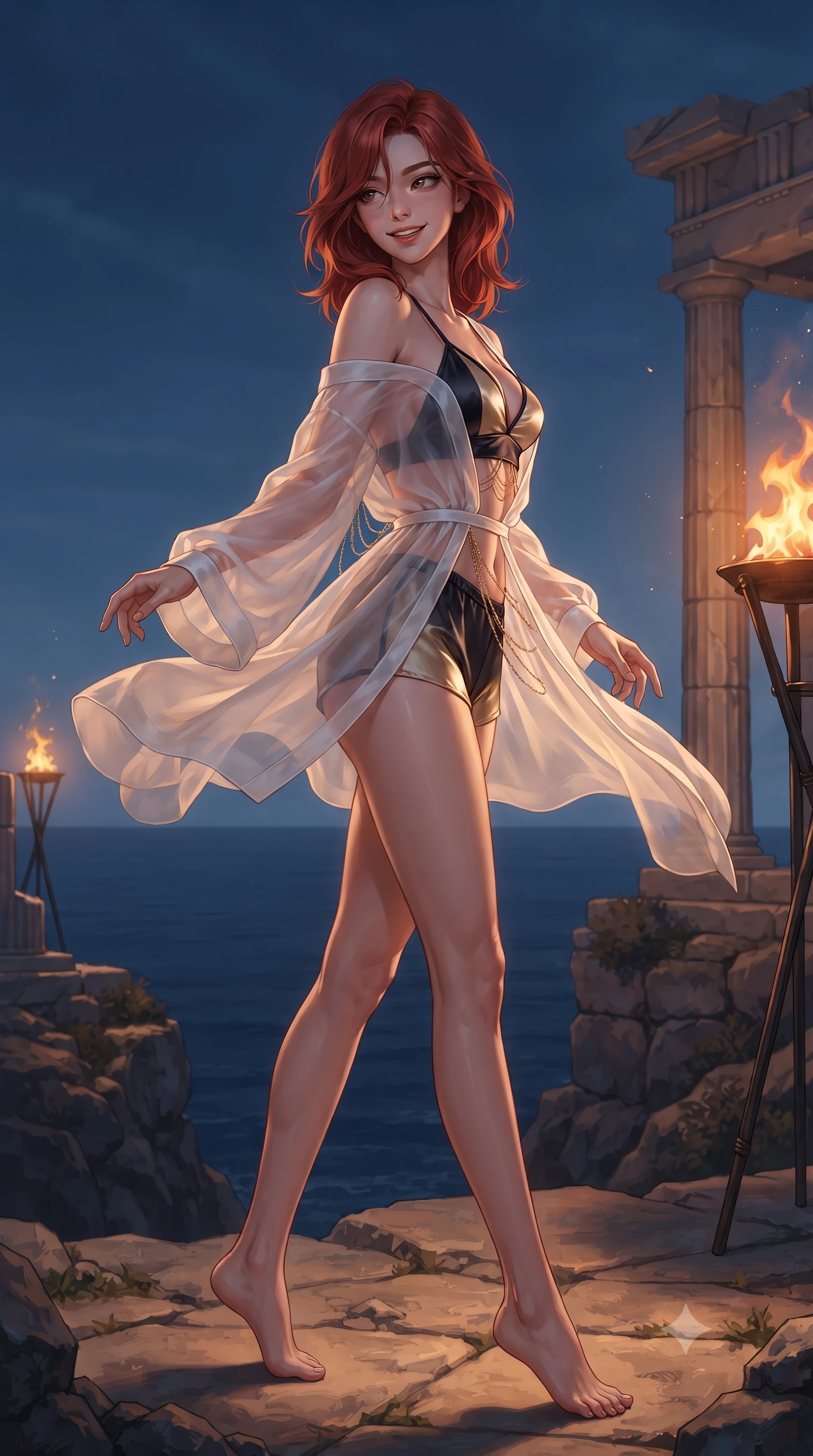 score_9, masterpiece, best quality, ultra-detailed, high-budget anime keyframe, editorial fashion photography, tasteful artistic composition, Korean woman. low angle full-body shot from head to toe showing her feet, filling the entire 9:16 vertical frame with her statuesque presence, stretching her vertical silhouette. executing a slow, graceful pivot turn as her skirt sways around her slender legs, glancing back with an enchanting, teasing sensual expression while walking slowly along the cliff edge with tall poised strides, evening sea breezes molding her sheer dress to her hourglass curves. The surrounding environment is rendered in vivid detail and crisp panoramic clarity: detailed ultra-daring sheer white lace bodysuit plunge, criss-cross strappy torso details, and Greek stonecraft in razor-sharp precision. She has an exceptionally tall and slender model-like 8.5-heads proportion, an ultra-slim waist, a flat toned midriff, narrow delicate ribcage, and beautifully sculpted feminine hips creating a graceful, slim hourglass silhouette without any bulky heaviness, with impossibly long slender legs. sharp v-shaped jawline, high-bridge nose, intricate jewel-like sparkling eyes with depth, thick eyelashes, glossy parted lips with a natural peach sheen, bright cheerful beaming smile with an enchanting and coquettish sensual glint, exuding both youthful cute charm and seductive allure, flawlessly proportioned anatomical accuracy, strict slender model proportions, natural body alignment, perfectly sculpted long slender limbs, ultra-slim waistline, clean dynamic posture without body distortion. wearing a sheer silk organza modern caftan robe worn loose and slipping off bare shoulders over a matching satin bralette and micro-shorts in midnight noir obsidian black and pure champagne gold, woven from buttery-soft stretch lambskin leather adhering to her body like a second skin, accented with an open-back drape framed by falling strands of delicate gold chains, the form-contouring silhouette accentuating her sculpted flat midriff, narrow delicate ribcage, and gracefully curvy hips with intoxicating allure. bathed in the dramatic warm 2000K flame glow of dancing oil torches contrasted with deep-blue Aegean sky fill. ultra-reflective glossy finish, specular highlights, rich textural contrasts, high-contrast stereoscopic depth, volumetric dynamic lighting, 2k, ultra detail, master piece, 9:16 ratio