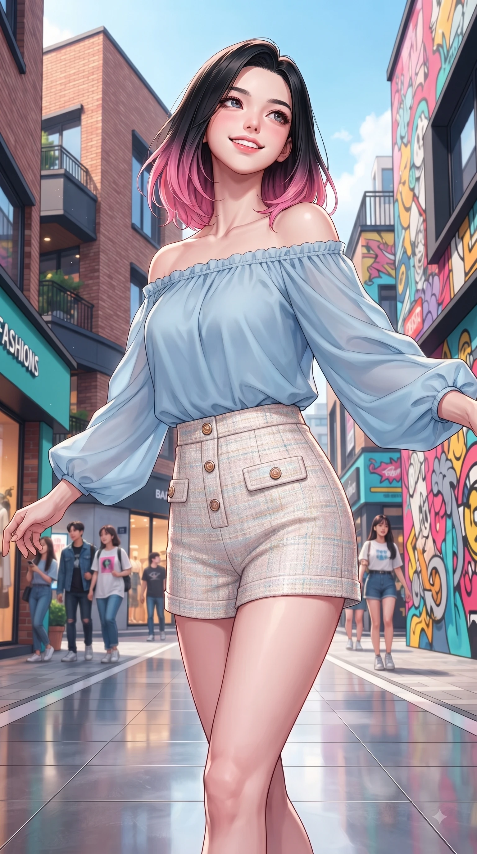 score_9, masterpiece, best quality, ultra-detailed, high-budget anime keyframe, editorial fashion photography, tasteful artistic composition, Korean woman. close-up cowboy shot from the waist and thighs up, the character dominates the composition, filling the frame with her large presence. Tilting her chin up with a sweet beaming smile of pure delight while balancing dynamically amidst the scene while pausing gracefully near a stylish street art mural on a sunny afternoon with a confident cute smile. The surrounding environment is rendered in vivid detail and crisp panoramic clarity. modern brick architecture, vibrant fashion storefronts, and lively street art murals in sharp clarity. She has an exceptionally elegant, slender, and willowy female figure with an ultra-slim waist, a gracefully sculpted slender torso, and a refined silhouette. sharp v-shaped jawline, high-bridge nose, intricate jewel-like eyes with depth, thick eyelashes, glossy lips with a natural sheen, flawlessly proportioned anatomical accuracy, natural body alignment, perfectly sculpted elegant limbs, clean dynamic posture without body distortion. wearing a light blue off-shoulder chiffon blouse paired with tailored ivory shorts in warm apricot and sage green, tailored from soft pastel tweed with subtle metallic thread, finished with neat front wooden buttons and pocket details, the soft airy drape swaying gracefully with her dynamic movements. surrounded by a trendy, youthful, and energetic fashion street aura. ultra-reflective glossy finish, specular highlights, metallic sheen, high-contrast stereoscopic depth, volumetric dynamic lighting, 2k, ultra detail, master piece, 9:16 ratio