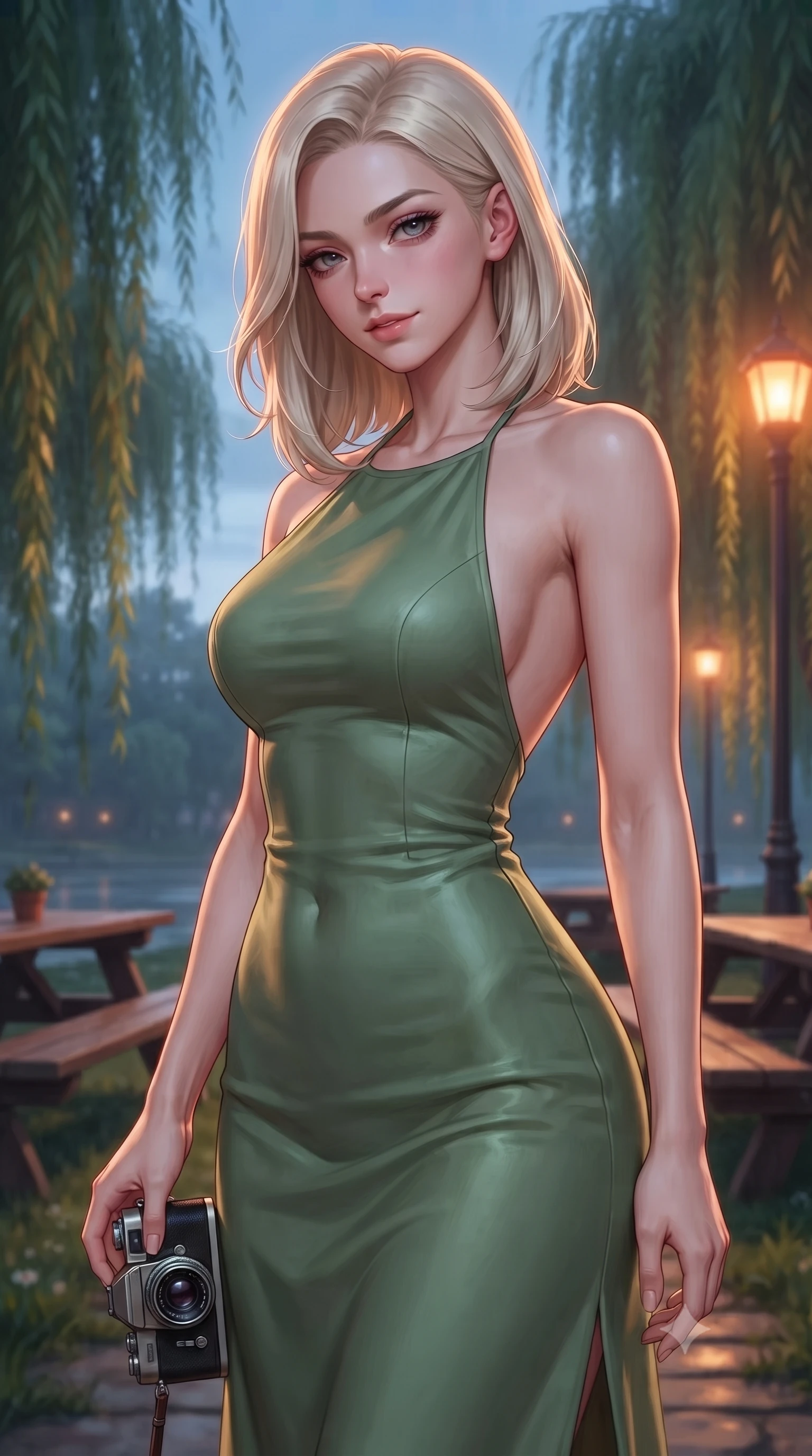 score_9, masterpiece, best quality, ultra-detailed, high-budget anime keyframe, editorial fashion photography, tasteful artistic composition, Caucasian woman. close-up cowboy shot from the waist and thighs up, the character dominates the composition, filling the frame with her large presence, background elements kept in soft focus. looking down at the camera beneath lowered lashes with a quiet, alluring confidence set against a soft-focus background of at a riverside picnic area with wooden tables under weeping willow trees with a vintage camera in her hand and a warm, cute grin. She has an exceptionally elegant, slender, and willowy female figure with an ultra-slim waist, a gracefully sculpted slender torso, and a refined silhouette. sharp v-shaped jawline, high-bridge nose, intricate jewel-like eyes with depth, thick eyelashes, glossy lips with a natural sheen. wearing form-contouring backless linen halter dress in sage green, showing her elegant shoulder lines. cool twilight sky glow contrasting with the warm orange light of streetlamps. highly saturated vibrant anime colors, detailed shading with soft gradients, rich glossy textures, high-contrast stereoscopic depth, volumetric dynamic lighting, master piece, 9:16 ratio