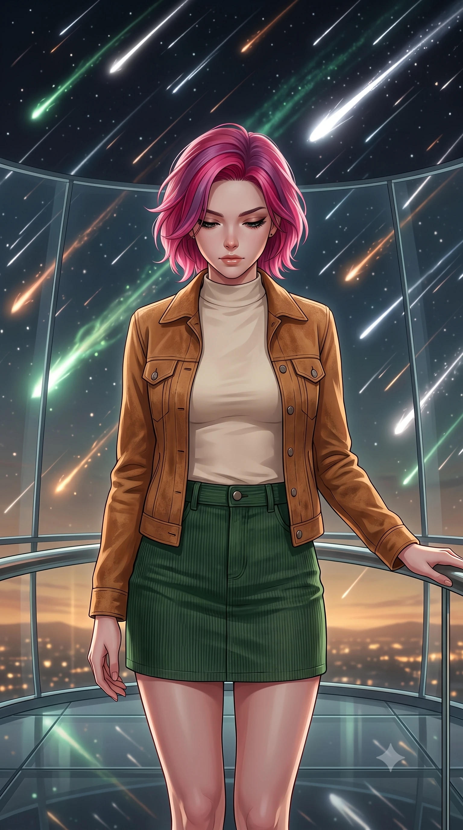 score_9, masterpiece, best quality, ultra-detailed, high-budget anime keyframe, editorial fashion photography, tasteful artistic composition, Caucasian woman, strictly human ears. close-up cowboy shot from the waist and thighs up, the character dominates the composition, filling the frame with her large presence, background elements kept in soft focus. Looking down with lowered lashes and a composed powerful expression. set against a soft-focus background of a transparent observation deck during the most spectacular meteor shower in a millennium thousands of bright streaks crossing the sky in every direction some leaving persistent glowing trails of ionized gas. She has an exceptionally elegant and slender, willowy female figure with an ultra-slim waist, a gracefully sculpted slender torso, and a refined slim physique. sharp v-shaped jawline, high-bridge nose, intricate jewel-like eyes with depth, thick eyelashes, glossy lips with a natural sheen. wearing a rustic tan suede jacket over a cream mock-neck top and a forest green corduroy mini skirt. rapid flashes of brilliant white meteor trails creating dynamic strobing illumination against the dark sky with soft persistent green and orange trails providing ambient glow. 2k, ultra detail, master piece, 9:16 ratio
