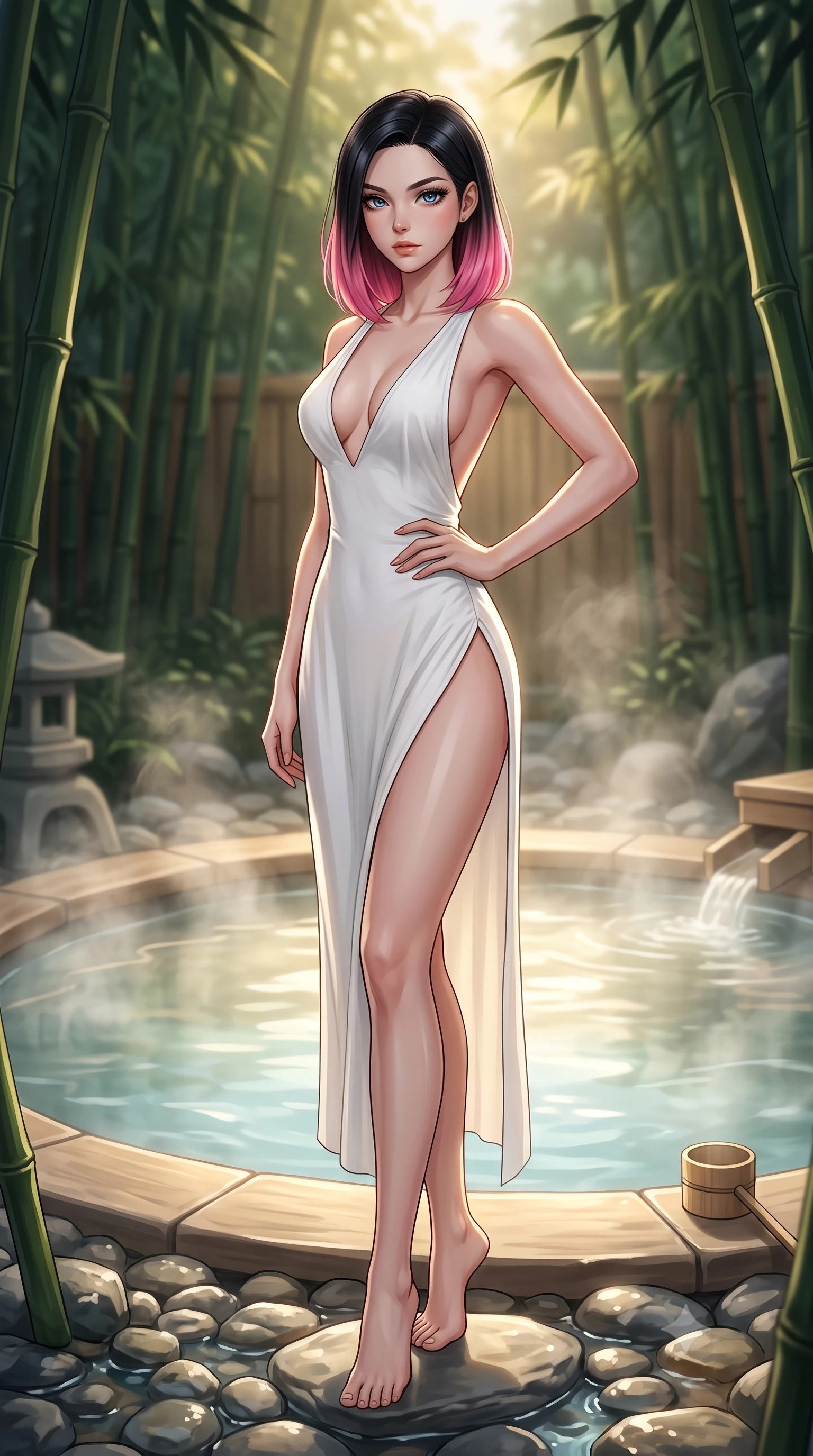 score_9, masterpiece, best quality, ultra-detailed, high-budget anime keyframe, editorial fashion photography, tasteful artistic composition, Korean woman woman. low angle full-body shot from head to toe showing her feet, filling the entire 9:16 vertical frame with her statuesque presence, stretching her vertical silhouette. posing confidently with one hand on her hip, stretching her statuesque body to emphasize her curves the background shows a soft-focus a wooden open-air hot spring pool surrounded by dense green bamboo and smooth stones. She has an absolutely perfect, statuesque 8.5-heads proportion, an exceptionally tall and slender model-like female figure with impossibly long slender legs and an ultra-slim waist. sharp v-shaped jawline, high-bridge nose, intricate jewel-like eyes with depth, thick eyelashes, glossy lips with a natural sheen. wearing a slim-fit high-slit resort dress in white cotton featuring a plunging neckline and open back. soft morning mist rising from the water, diffusing the golden sunlight. 2k, ultra detail, master piece, 9:16 ratio