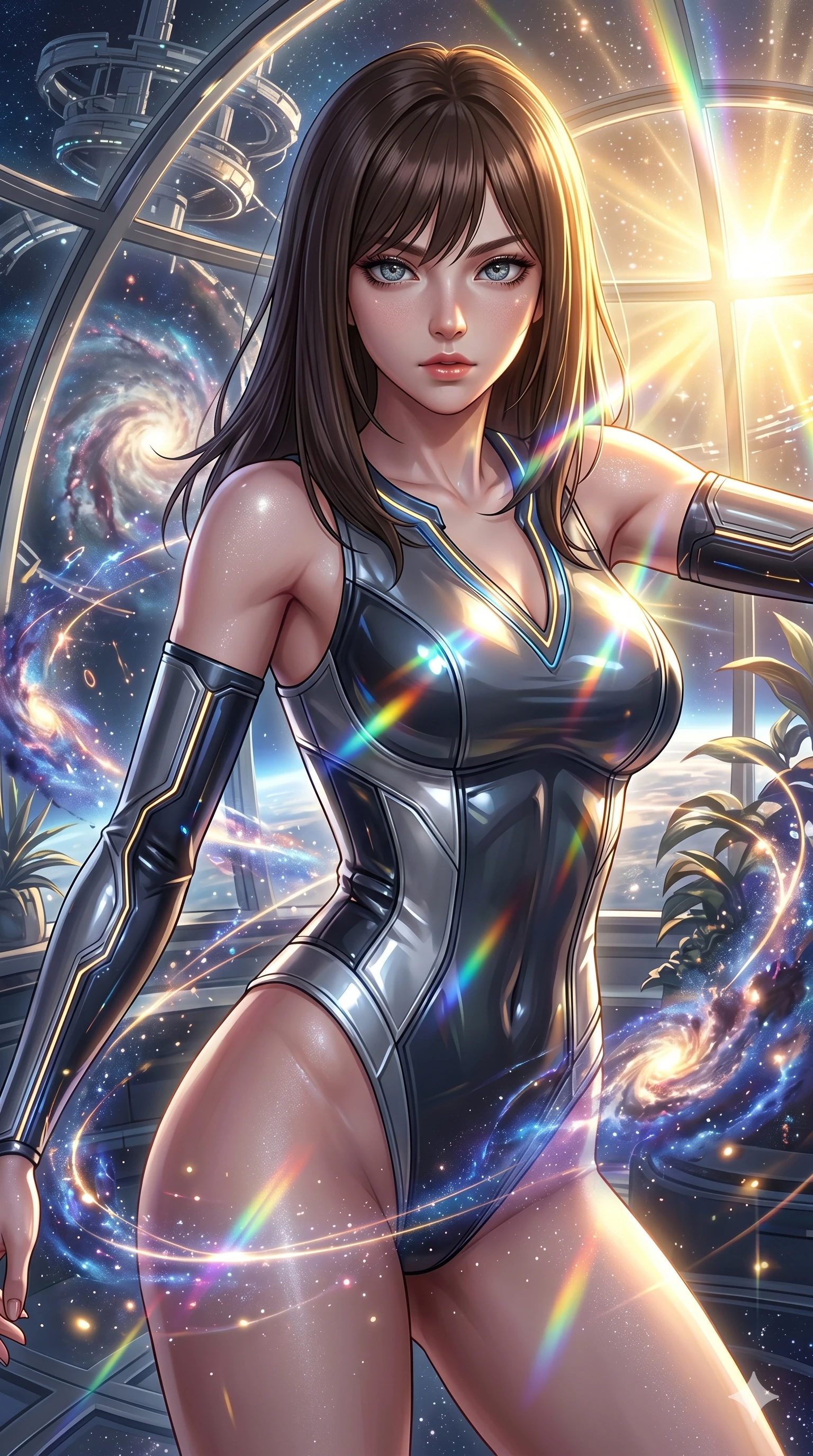 score_9, masterpiece, best quality, ultra-detailed, high-budget anime keyframe, Korean woman. Upper body close-up from the thighs up, character filling the screen for maximum presence. She is posing with dynamic energy as glowing cosmic stardust and floating nebulae swirl around her inside a sunlit orbital conservatory. She looks toward the camera with a captivating, intense gaze. She has an absolutely perfect 8-heads proportion, a tall and elegant figure with a refined silhouette and a defined waistline. V-shaped jawline, high-bridge nose, intricate jewel-like eyes with depth, thick eyelashes, glossy lips with a natural sheen. She is wearing a structured cybernetic bodice in glossy vinyl panels, paired with detached sleeves and a refined V-neckline detailed with glowing piping. The scene is bathed in brilliant, high-contrast golden solar rays and refracting rainbow lens flares. 2k, ultra detail, master piece, 9:16 ratio