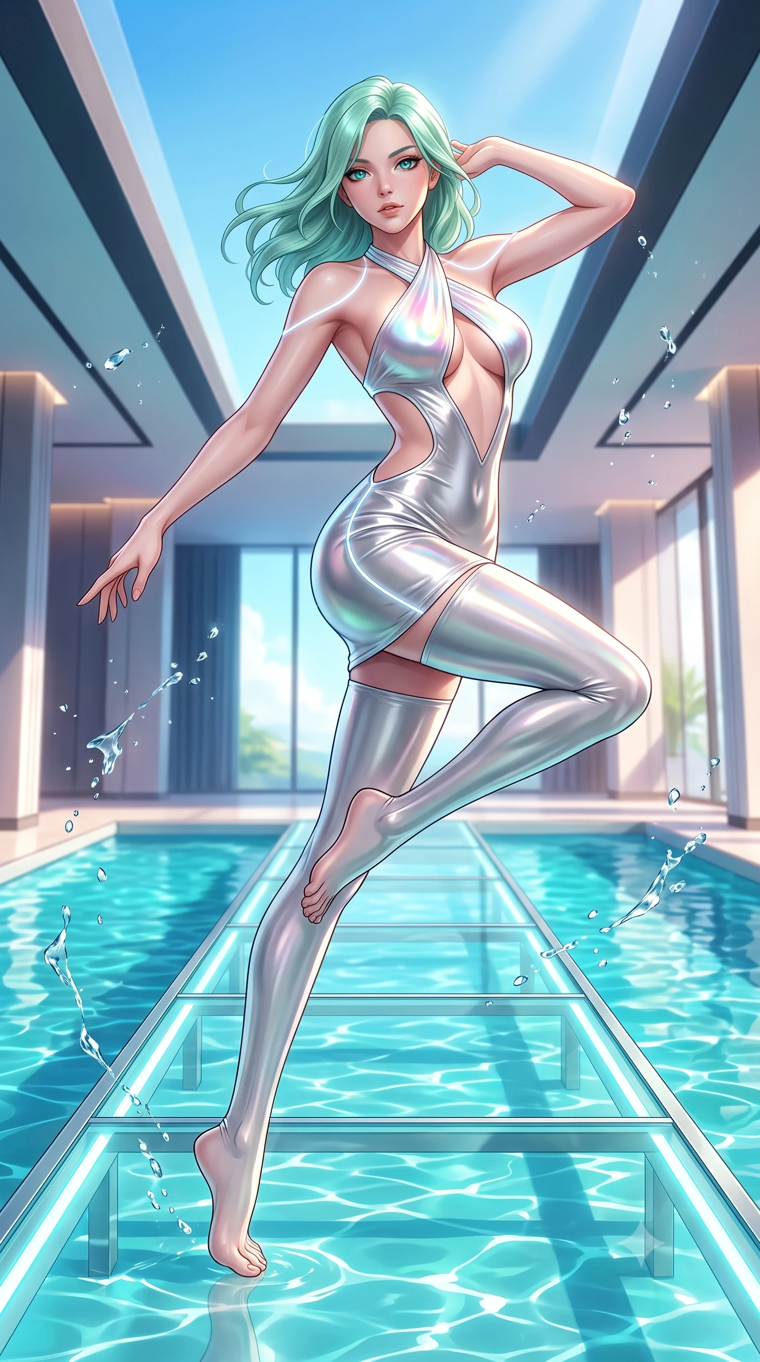 score_9, masterpiece, best quality, ultra-detailed, high-budget anime keyframe, semi-realistic 3D game render, editorial fashion photography, tasteful artistic composition, Japanese woman. low angle full-body shot from head to toe showing her feet, filling the entire 9:16 vertical frame with her statuesque presence, stretching her vertical silhouette. leaping through mid-air with an athletic yet alluring arch of her spine, her impossibly long slender legs stretched in flawless poise while stepping along a glowing glass runway elevated above a shimmering turquoise waterway in a modern pavilion. The surrounding environment is rendered in vivid detail and crisp panoramic clarity. sharp water droplet splashes, architectural framing lines, and sunlit water reflections in high clarity. She has an absolutely perfect, statuesque 8.5-heads proportion, an exceptionally tall and slender model-like female figure with impossibly long slender legs, a toned flat midriff, and an ultra-slim waist. sharp v-shaped jawline, high-bridge nose, intricate jewel-like eyes with depth, thick eyelashes, glossy lips with a natural sheen, flawlessly proportioned anatomical accuracy, strict slender model proportions, natural body alignment, perfectly sculpted long slender limbs, ultra-slim waistline, clean dynamic posture without body distortion. wearing a molten silver liquid-metal mini dress featuring deep side-waist cutouts and a daring crossover halter neckline in glistening liquid pearl white with rainbow opalescence, made of liquid metal jersey that clings flawlessly to every contour of her build, accented with glowing fiber-optic seams tracing her collarbones and hip curves, the precision-cut daring openings accentuating her delicate midriff, graceful bare collarbones, and ultra-slim feminine waistline. surrounded by an opulent, luminous, and enchantingly seductive contemporary pavilion ambiance. highly saturated vibrant anime colors, detailed shading with soft gradients, rich glossy textures, high-contrast stereoscopic depth, volumetric dynamic lighting, master piece, 9:16 ratio