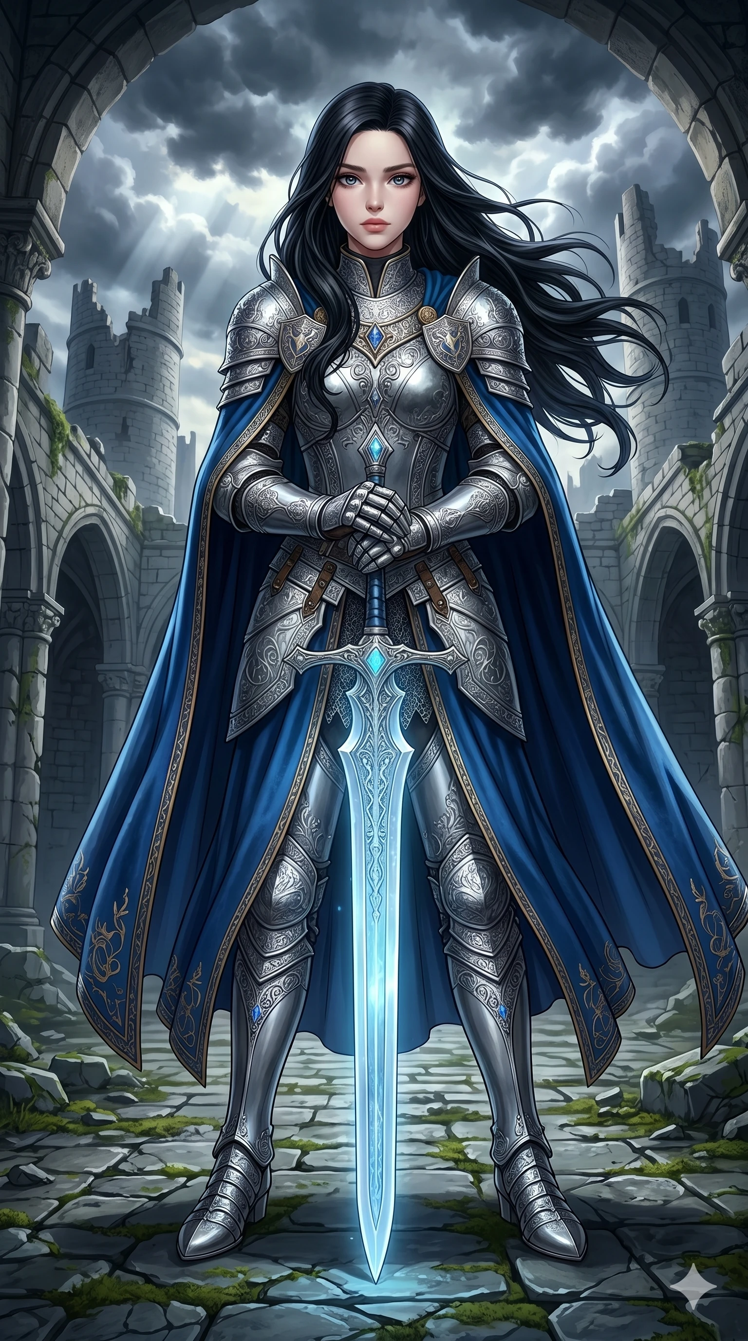 score_9, score_8_up, score_7_up, source_anime, masterpiece, best quality, ultra-detailed, same character with long flowing black hair, wearing ornate silver knight armor with a majestic blue cape, full body shot standing proudly holding a glowing broadsword pointing down, ruined castle courtyard, dramatic dark clouds, epic fantasy atmosphere, 2k, 9:16 ratio