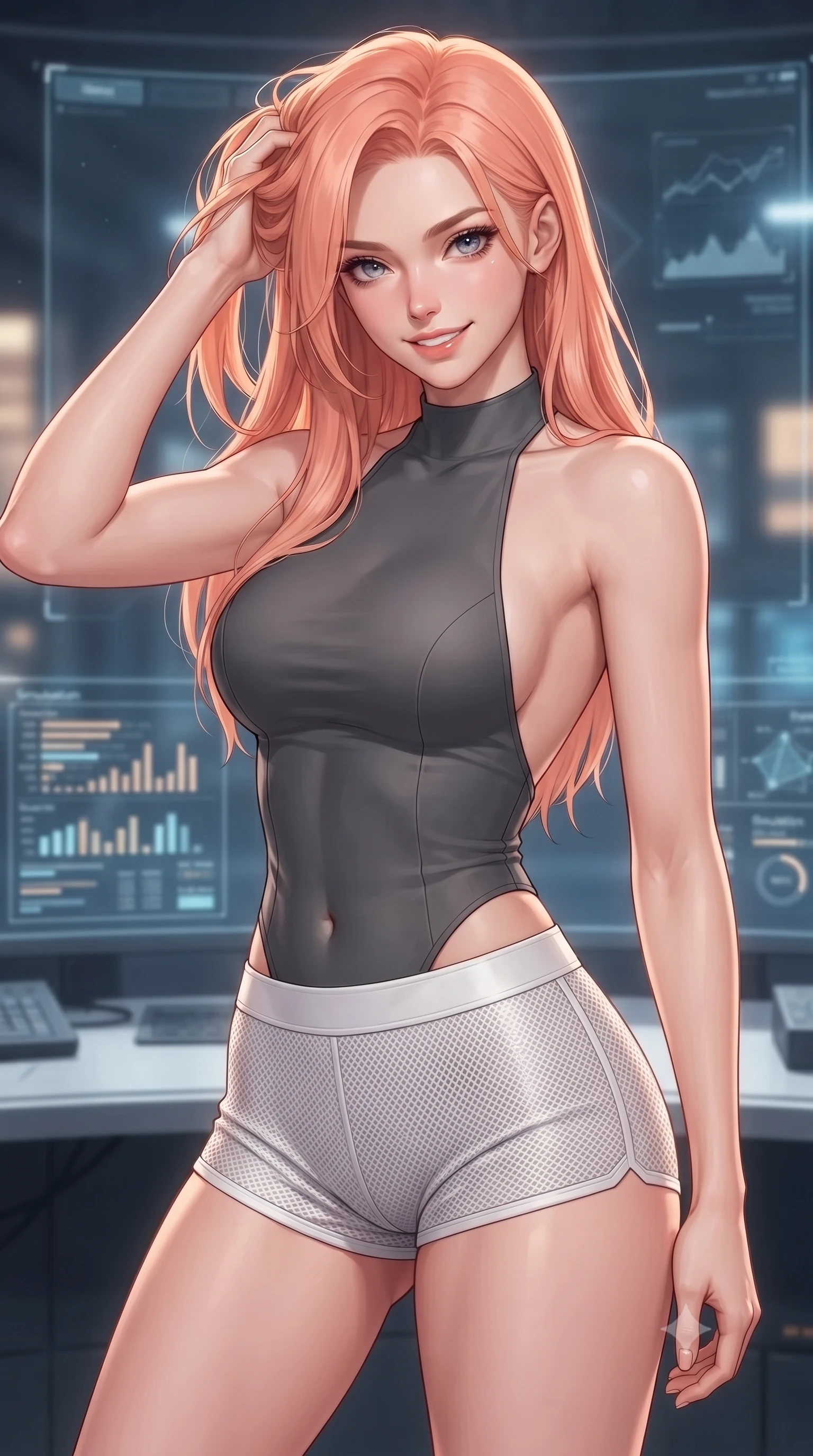 score_9, masterpiece, best quality, ultra-detailed, high-budget anime keyframe, editorial fashion photography, tasteful artistic composition, Japanese woman. close-up cowboy shot from the waist and thighs up, the character dominates the composition, filling the frame with her large presence, background elements kept in soft focus. slowly running a hand through her hair, smiling with quiet, magnetic self-assurance directly into the camera, the background shows a soft-focus a tactical grid control balcony with glass panels showing status bar charts. She has an exceptionally elegant, slender, and willowy female figure with an ultra-slim waist, a gracefully sculpted slender torso, and a refined silhouette. sharp v-shaped jawline, high-bridge nose, intricate jewel-like eyes with depth, thick eyelashes, glossy lips with a natural sheen. wearing a form-contouring backless combat halter top in charcoal grey, paired with white carbon-mesh micro-shorts. soft amber screen glare contrasting with the cool blue simulation space. ultra-reflective glossy finish, specular highlights, metallic sheen, high-contrast stereoscopic depth, volumetric dynamic lighting, 2k, ultra detail, master piece, 9:16 ratio