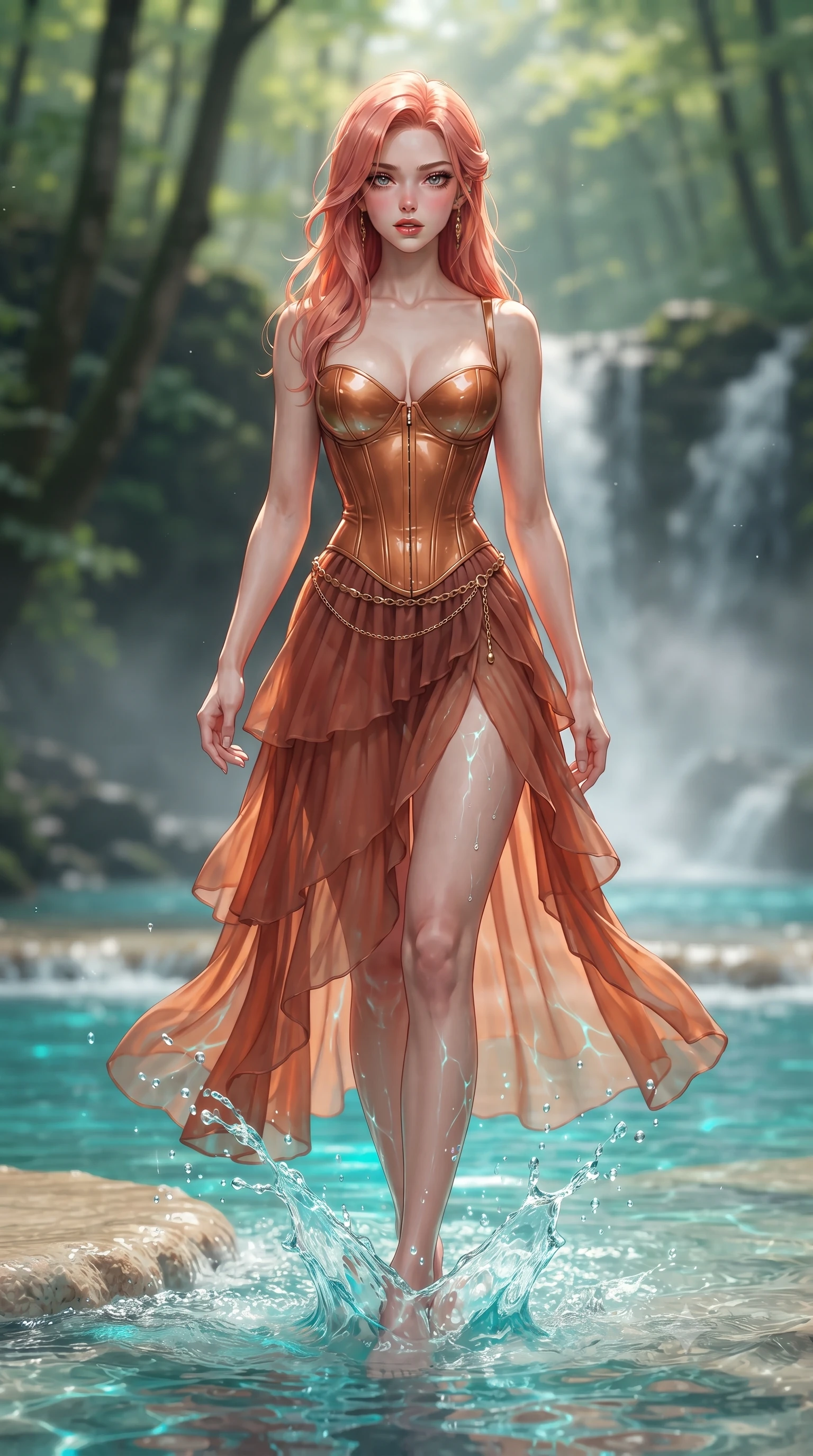 score_9, masterpiece, best quality, ultra-detailed, high-budget anime keyframe, semi-realistic 3D game render, editorial fashion photography, tasteful artistic composition, Japanese woman. low angle full-body shot from head to toe showing her feet, filling the entire 9:16 vertical frame with her statuesque presence, stretching her vertical silhouette. striding forward in a proud supermodel runway stride, hips swaying in an alluring kinetic rhythm that accentuates her curvy hourglass silhouette while wading lightly at the edge of the shallow travertine pool with one knee bent, crystal water caustics tracing her feminine hips and slender legs. The composition keeps background elements in soft focus with creamy bokeh. lush beech forest leaves and rising waterfall mist vapors softened in pristine nature shallow focus. She has an exceptionally tall and slender model-like 8.5-heads proportion, an ultra-slim waist, a flat toned midriff, narrow delicate ribcage, and beautifully sculpted feminine hips creating a graceful, slim hourglass silhouette without any bulky heaviness, with impossibly long slender legs. sharp v-shaped jawline, high-bridge nose, intricate jewel-like eyes with depth, thick eyelashes, glossy parted lips with a natural sheen, intensely captivating and seductive bedroom-eyes expression, flawlessly proportioned anatomical accuracy, strict slender model proportions, natural body alignment, perfectly sculpted long slender limbs, ultra-slim waistline, clean dynamic posture without body distortion. wearing an off-shoulder French court corset bodice dress paired with a tiered translucent chiffon slit skirt in molten desert gold and burnt terracotta, tailored from second-skin aerodynamic stretch vinyl with specular wet sheen, accented with a delicate gold chain belt resting loosely on her curvy hips, the form-contouring material adhering flawlessly to her sculpted flat midriff and slender torso, emphasizing her long leg lines and perfectly proportioned willowy build. illuminated by intense turquoise water caustics carving her razor-sharp jawline, narrow waist, and curvy hips. highly saturated vibrant anime colors, detailed shading with soft gradients, rich glossy textures, high-contrast stereoscopic depth, volumetric dynamic lighting, master piece, 9:16 ratio