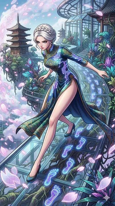 score_9, masterpiece, best quality, ultra-detailed, Set A: High-budget Anime Keyframe, Korean woman. Upper body close-up from the thighs up, character filling the screen for maximum presence. Sliding through a floating botanical garden, as she leaves