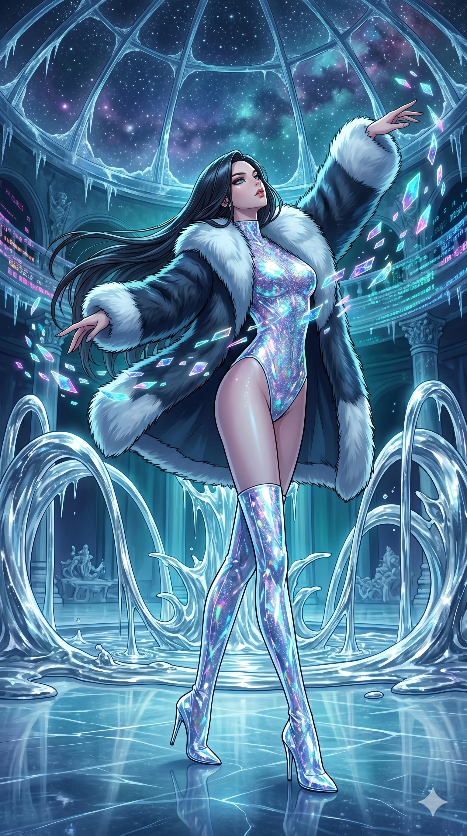 score_9, masterpiece, best quality, ultra-detailed, high-budget anime movie keyframe, cinematic anime lighting, intricate line art, Caucasian (strictly human ears) woman. Dynamic full-body shot stretching the vertical silhouette across the 9:16 frame. dancing with data-shards in a frozen starlight ballroom with liquid mercury fountains. She has an absolutely perfect 8-heads proportion, an exceptionally tall and slender female figure with an ultra-slim waist and impossibly long slender legs. sharp v-shaped jawline, high-bridge nose, intricate jewel-like eyes, thick eyelashes, glossy lips. Wearing seasonal winter-couture featuring a plush oversized faux-fur coat worn over a skin-tight crystalline leotard and thigh-high stiletto boots. The scene is illuminated by dramatic atmospheric lighting and vibrant color palettes. , 2k, ultra detail, master piece, 9:16 ratio