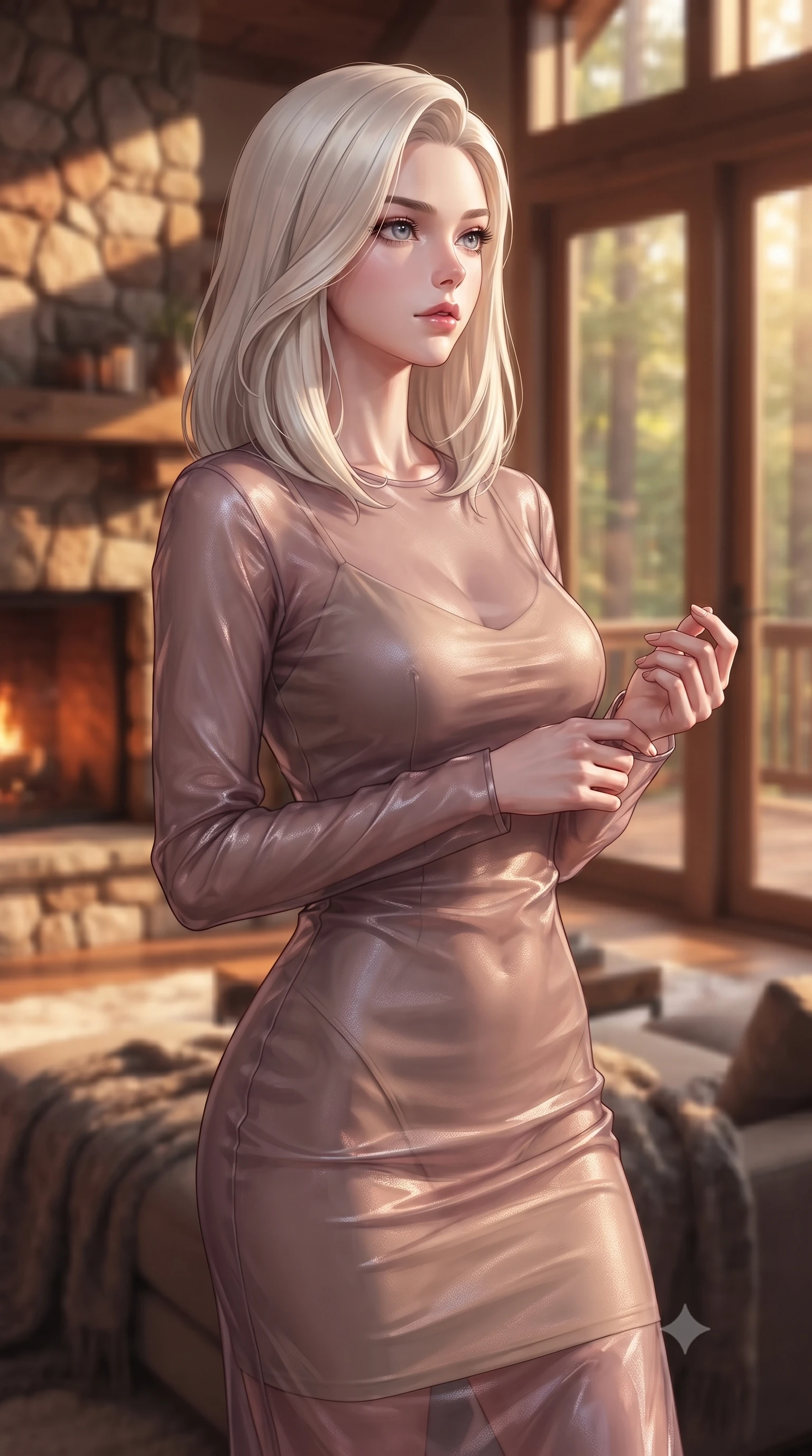 score_9, masterpiece, best quality, ultra-detailed, high-budget anime keyframe, editorial fashion photography, tasteful artistic composition, Caucasian woman woman. close-up cowboy shot from the waist and thighs up, the character dominates the composition, filling the frame with her large presence, background elements kept in soft focus. looking past the camera with a peaceful, thoughtful gaze, enjoying the warm sunlight the background shows a soft-focus a cozy lounge with a rustic fireplace, soft blankets, and large glass doors facing a forest. She has an exceptionally elegant, slender, and willowy female figure with an ultra-slim waist, a gracefully sculpted slender torso, and a refined silhouette. sharp v-shaped jawline, high-bridge nose, intricate jewel-like eyes with depth, thick eyelashes, glossy lips with a natural sheen. wearing a form-contouring sheer organza dress in dusty mauve, showing her slender torso and willowy silhouette. the warm orange flicker of the hearth fire casting cozy shadows. ultra-reflective glossy finish, specular highlights, metallic sheen, high-contrast stereoscopic depth, volumetric dynamic lighting, 2k, ultra detail, master piece, 9:16 ratio