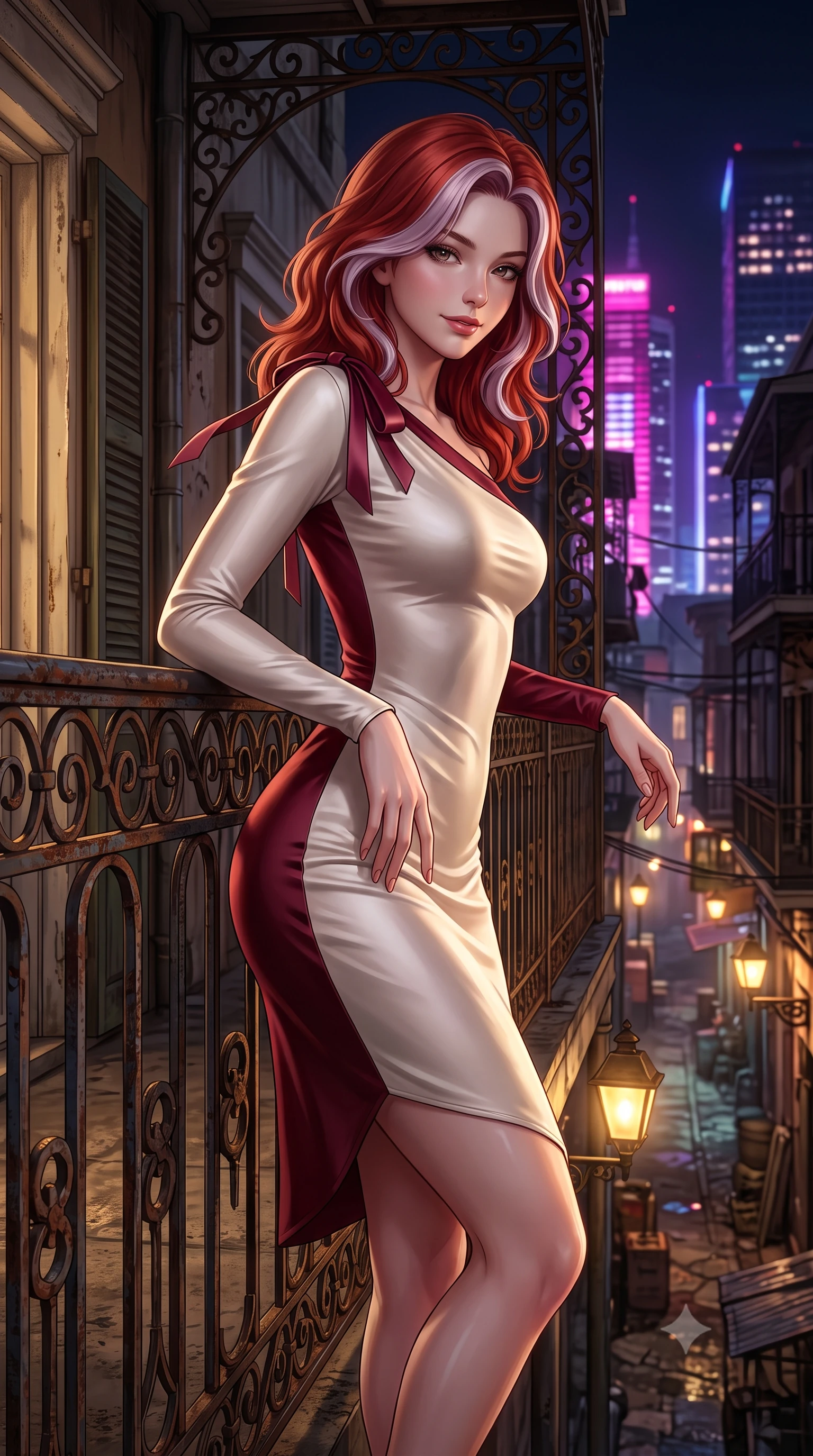 score_9, masterpiece, best quality, ultra-detailed, high-budget anime keyframe, semi-realistic 3D game render, editorial fashion photography, tasteful artistic composition, Caucasian woman. close-up cowboy shot from the waist and thighs up, the character dominates the composition, filling the frame with her large presence. tilting her head with a teasing half-smile, running one hand slowly down the side of her hip in a flirtatious S-curve as ambient light caresses her silhouette while leaning against the vintage wrought-iron balcony railing with hips cocked back, looking down at bustling lantern-lit alleys with smoldering bedroom-eyes. The surrounding environment is rendered in vivid detail and crisp panoramic clarity: detailed garment cut, fabric cling, and heritage restoration craft in razor-sharp precision. She has an exceptionally elegant, slender, and willowy female figure with an ultra-slim waist, flat toned midriff, narrow ribcage, and sculpted feminine hips creating an alluring, slim hourglass silhouette without bulk. sharp v-shaped jawline, high-bridge nose, intricate jewel-like sparkling eyes with depth, thick eyelashes, glossy parted lips with a natural peach sheen, bright cheerful beaming smile with an enchanting and coquettish sensual glint, exuding both youthful cute charm and seductive allure, flawlessly proportioned anatomical accuracy, strict slender model proportions, natural body alignment, perfectly sculpted long slender limbs, ultra-slim waistline, clean dynamic posture without body distortion. wearing a liquid silk jersey asymmetrical long-sleeve cocktail dress clinging flawlessly to her narrow waist and hips in Belvedere ivory pearl and Habsburg bordeaux wine, crafted from fluid liquid silk satin that clings smoothly to her narrow waist and rounded hips with a dewy sheen, finished with satin ribbon ties at the shoulders fluttering in the gentle breeze, the glove-like clinging cut tightly following the natural contour of her hips and long slender legs with youthful 8.5-heads elegance. bathed in the warm golden 2300K glow of vintage brass lamps mixed with electric magenta and sapphire city skyscraper reflections. highly saturated vibrant anime colors, detailed shading with soft gradients, rich glossy textures, high-contrast stereoscopic depth, volumetric dynamic lighting, master piece, 9:16 ratio