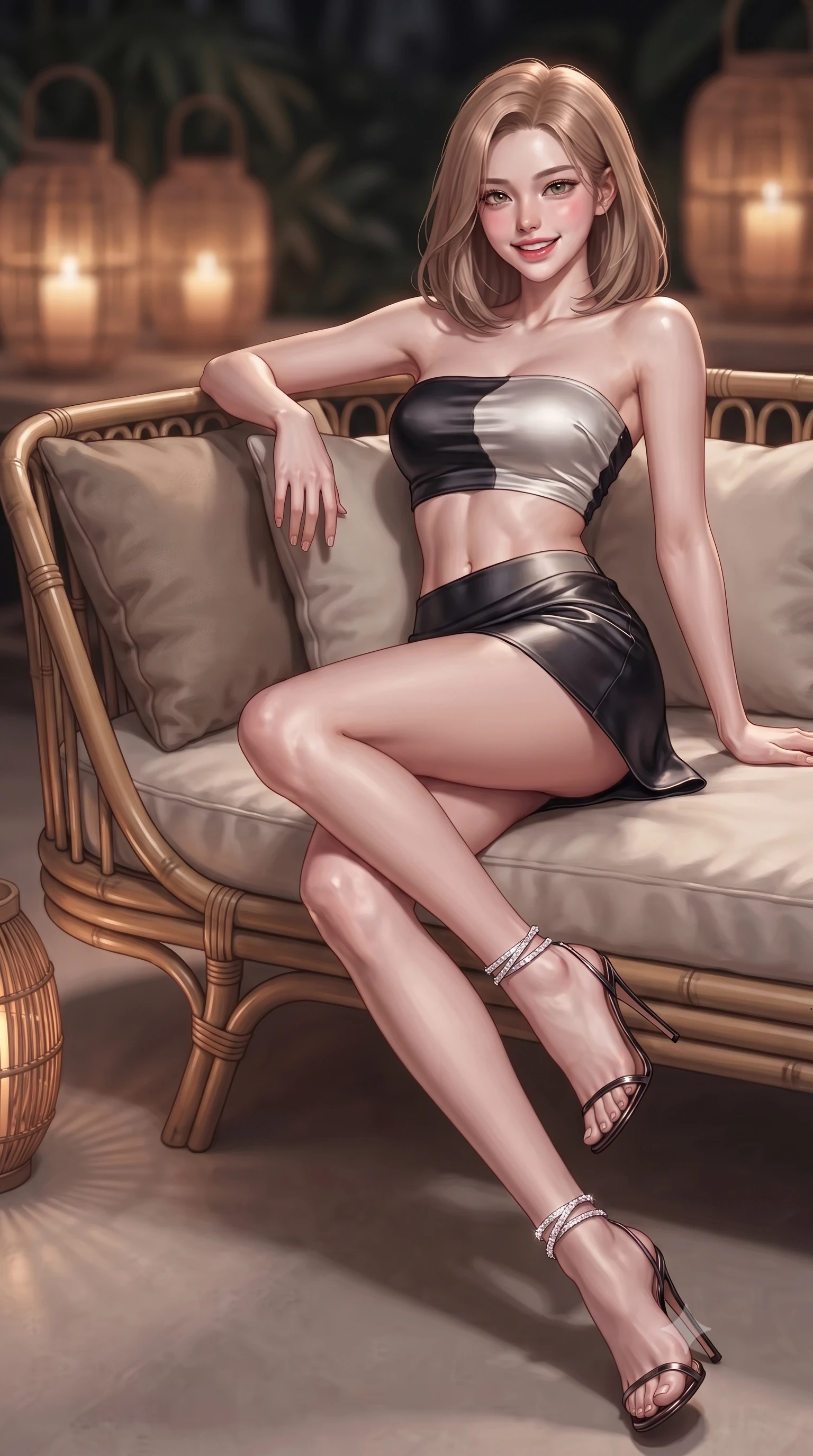 score_9, masterpiece, best quality, ultra-detailed, high-budget anime keyframe, editorial fashion photography, tasteful artistic composition, Korean woman. low angle full-body shot from head to toe showing her feet, filling the entire 9:16 vertical frame with her statuesque presence, stretching her vertical silhouette. reclining gracefully across the plush chaise lounge with one leg extended, her sculpted silhouette and flat midriff radiating magnetic nocturnal glamour while reclining gracefully across the curved vintage bamboo daybed propped on one elbow, flashing a radiant, playful smile with parted glossy lips. The background shows a soft-focus hanging rattan lantern glows softened in legendary Hollywood retreat shallow focus. She has an exceptionally tall and slender model-like 8.5-heads proportion, an ultra-slim waist, a flat toned midriff, narrow delicate ribcage, and beautifully sculpted feminine hips creating a graceful, slim hourglass silhouette without any bulky heaviness, with impossibly long slender legs. sharp v-shaped jawline, high-bridge nose, intricate jewel-like sparkling eyes with depth, thick eyelashes, glossy parted lips with a natural peach sheen, bright cheerful beaming smile with an enchanting and coquettish sensual glint, exuding both youthful cute charm and seductive allure, flawlessly proportioned anatomical accuracy, strict slender model proportions, natural body alignment, perfectly sculpted long slender limbs, ultra-slim waistline, clean dynamic posture without body distortion. wearing an ultra-cropped fitted bandeau top paired with a micro mini tennis skirt revealing her flat midriff in Joshua Tree Mojave obsidian and starlight platinum, crafted from fluid liquid silk satin that clings smoothly to her narrow waist and rounded hips with a dewy sheen, complemented by strappy stiletto sandals with crystal ankle wraps accentuating her slender calves, the second-skin tailored fabric adhering flawlessly to her sculpted flat midriff and slender torso, emphasizing her long leg lines and perfectly proportioned willowy build. illuminated by mirror reflection fill and sharp champagne-rose rim lights defining her dewy collarbones, ultra-slim waist, and curvy hips. ultra-reflective glossy finish, specular highlights, rich textural contrasts, high-contrast stereoscopic depth, volumetric dynamic lighting, 2k, ultra detail, master piece, 9:16 ratio