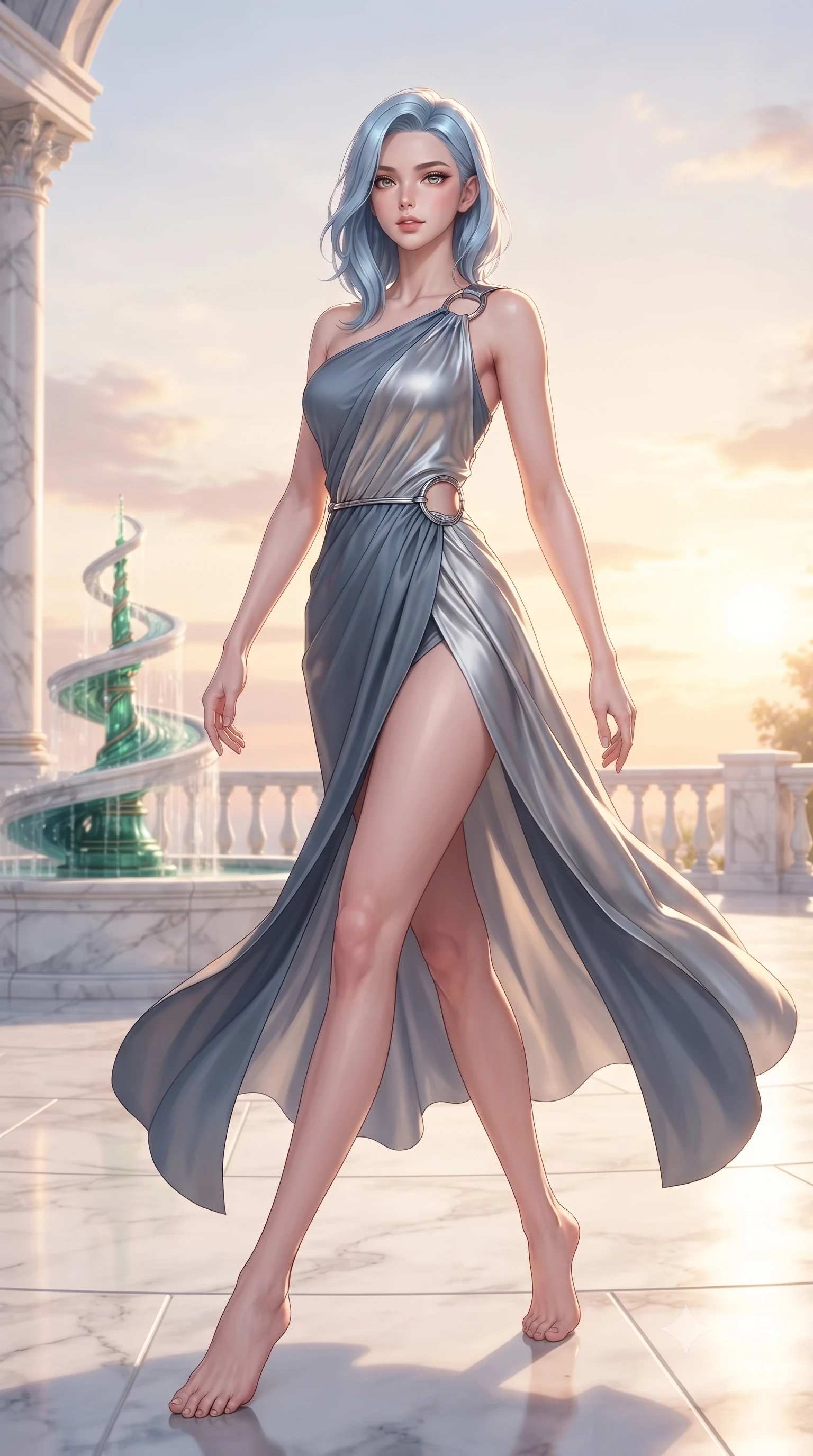 score_9, masterpiece, best quality, ultra-detailed, high-budget anime keyframe, editorial fashion photography, tasteful artistic composition, Korean woman. low angle full-body shot from head to toe showing her feet, filling the entire 9:16 vertical frame with her statuesque presence, stretching her vertical silhouette. forging dynamically through the scene with her long slender legs and ultra-slim waist creating a sweeping S-curve while pivoting dynamically near an emerald spiral fountain in a sunlit sky garden, soft rose-gold and amber sunset light reflecting off polished white marble. She has an absolutely perfect, statuesque 8.5-heads proportion, an exceptionally tall and slender model-like female figure with impossibly long slender legs and an ultra-slim waist. sharp v-shaped jawline, high-bridge nose, intricate jewel-like eyes with depth, thick eyelashes, glossy lips with a natural sheen, flawlessly proportioned anatomical accuracy, natural body alignment, perfectly sculpted elegant limbs, clean dynamic posture without body distortion. wearing an asymmetrical Grecian draped chiffon gown with a metallic shoulder ring in slate blue and metallic silver, crafted from smooth liquid silk, accented with delicate chrome ring hardware framing her waist, the elegant draped fit framing her graceful clavicle and slender torso. surrounded by a bright, luxurious aura of warm sunshine and sky reflections. ultra-reflective glossy finish, specular highlights, metallic sheen, high-contrast stereoscopic depth, volumetric dynamic lighting, 2k, ultra detail, master piece, 9:16 ratio