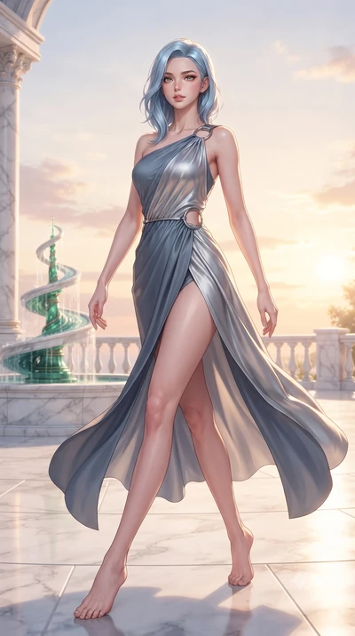 score_9, masterpiece, best quality, ultra-detailed, high-budget anime keyframe, editorial fashion photography, tasteful artistic composition, Korean woman. low angle full-body shot from head to toe showing her feet, filling the entire 9:16 vertical f