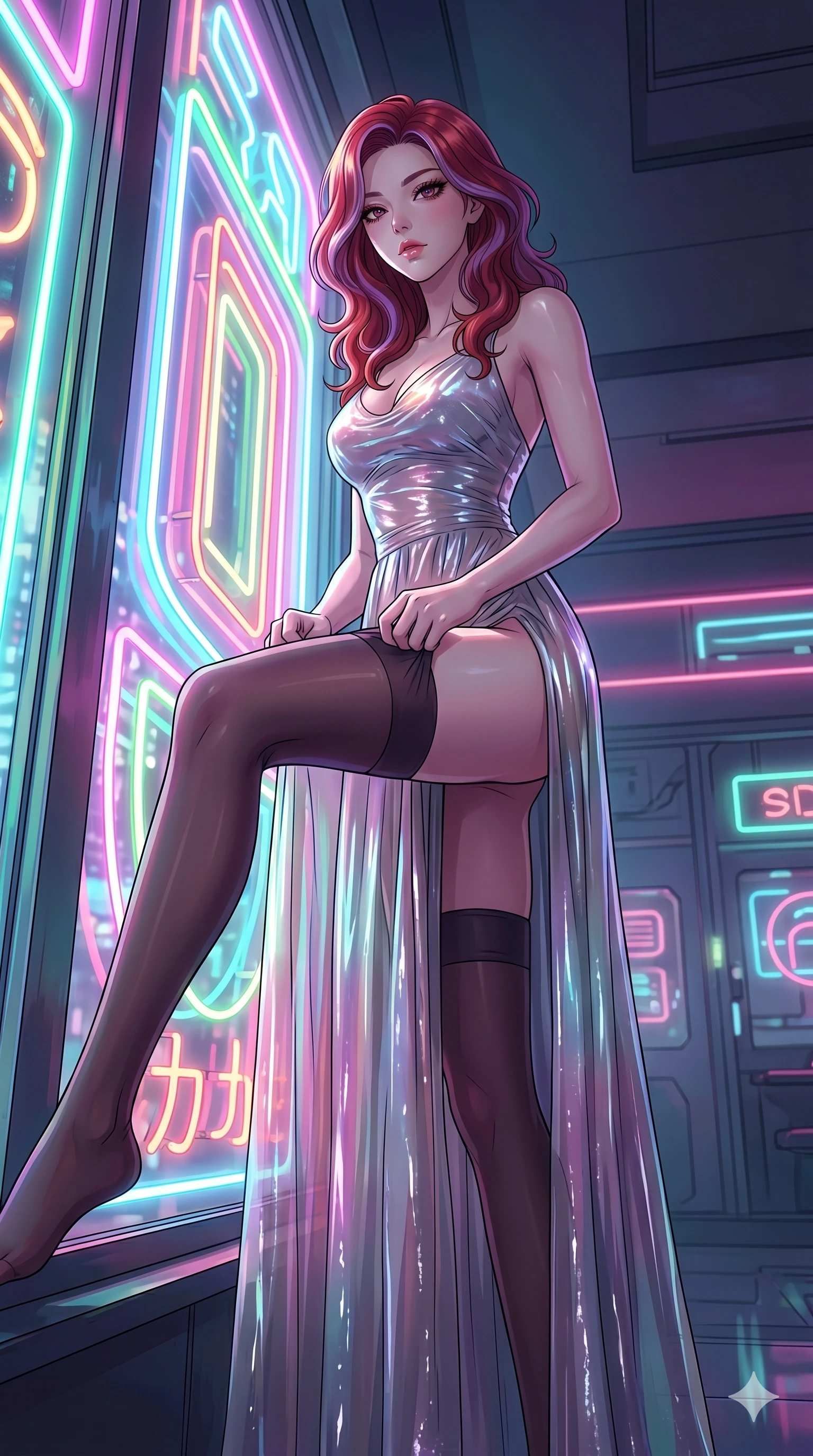 score_9, masterpiece, best quality, ultra-detailed, High-budget Anime Keyframe, East Asian woman. Low angle cowboy shot filling the entire 9:16 frame with her statuesque presence. Scenario 207: Adjusting her thigh-high stocking by a glowing neon window. Her presence is magnetic and overpowering in this high-budget anime scene. Outfit 207: A shimmering chiffon long with a thigh-high slit and wet-look texture. The clothing is designed to emphasize her exceptionally tall and slender 8-heads proportion. 8-heads proportion, towering silhouette, ultra-slim waist. sharp v-shaped jawline, intricate jewel-like eyes with depth, thick eyelashes, glossy lips. 2k, ultra detail, master piece, 9:16 ratio
