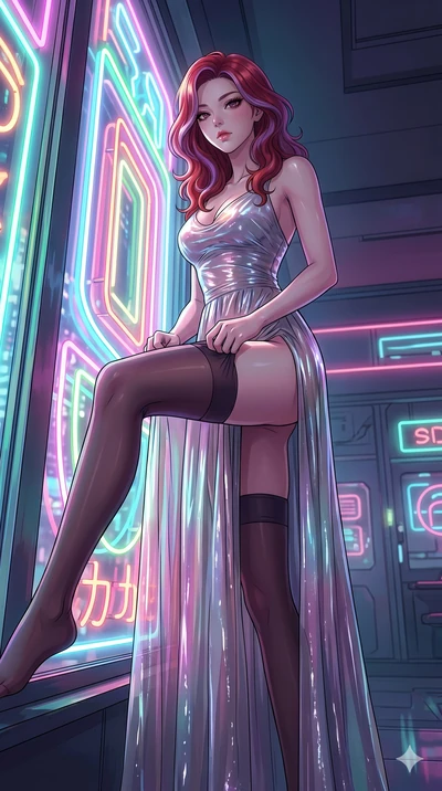 score_9, masterpiece, best quality, ultra-detailed, High-budget Anime Keyframe, East Asian woman. Low angle cowboy shot filling the entire 9:16 frame with her statuesque presence. Scenario 207: Adjusting her thigh-high stocking by a glowing neon wind