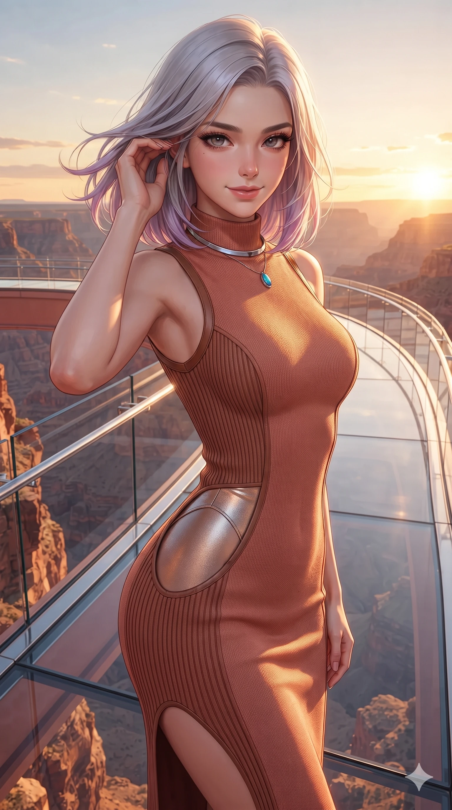 score_9, masterpiece, best quality, ultra-detailed, high-budget anime keyframe, editorial fashion photography, tasteful artistic composition, Caucasian woman. close-up cowboy shot from the waist and thighs up, the character dominates the composition, filling the frame with her large presence. gently brushing a lock of windblown hair behind her ear while casting a playful, flirtatious side-gaze with long eyelashes while standing poised at the outer horseshoe curve of the glass skywalk, arching her lower back with sovereign supermodel grace as canyon winds whip through her hair. The surrounding environment is rendered in vivid detail and crisp panoramic clarity: detailed liquid metallic lamé one-piece tailoring, hip-high side cutouts, and monumental glass engineering in razor-sharp precision. She has an exceptionally elegant, slender, and willowy female figure with an ultra-slim waist, flat toned midriff, narrow ribcage, and sculpted feminine hips creating an alluring, slim hourglass silhouette without bulk. sharp v-shaped jawline, high-bridge nose, sparkling eyes with hypnotic seductive depth, thick curled eyelashes, glossy parted lips with a natural dewy peach sheen, alluring bedroom-eyes with an enchanting coquettish smile, exuding magnetic siren charisma and sophisticated glamour, flawlessly proportioned anatomical accuracy, strict slender model proportions, natural body alignment, perfectly sculpted long slender limbs, ultra-slim waistline, clean dynamic posture without body distortion. wearing a refined high-neck sleeveless knit column dress with ribbed side panels and leather trim in sun-kissed terracotta and dusty canyon rose, crafted from rugged heavy-duty canvas and oiled leather with authentic desert durability, finished with a minimalist chrome choker and a single turquoise stone pendant, the impeccably tailored cut draping gracefully along her slender figure with aristocratic western poise. bathed in the blinding, warm 2200K golden-hour rays of the setting sun casting brilliant specular highlights along her silhouette. ultra-reflective glossy finish, specular highlights, rich textural contrasts, high-contrast stereoscopic depth, volumetric dynamic lighting, 2k, ultra detail, master piece, 9:16 ratio