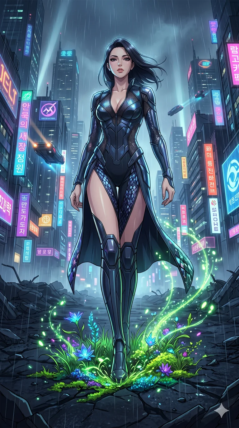 score_9, masterpiece, best quality, ultra-detailed, High-budget Anime Keyframe, vibrant colors, fluid line-art, expressive lighting, cinematic composition, Ufotable-style visual effects, top-tier animation quality, Korean woman with idol-like refined features. Cinematic low angle perspective showcasing her towering height and perfect 8-heads proportion. Restoring life to a barren, dead planet with a single touch, greenery and flowers erupting from her footsteps. She has an absolutely perfect 8-heads proportion, an exceptionally tall and slender female figure with impossibly long slender legs and an ultra-slim waist, her statuesque height and towering silhouette dominating the vertical 9:16 frame. Her face is a masterpiece featuring a sharp v-shaped jawline, high-bridge nose, intricate jewel-like eyes with depth, thick eyelashes, and glossy lips with a natural sheen. She is wearing a Sci-fi pilot flight suit with an open collar and strategically placed mesh panels crafted from Obsidian-glass scales that shimmer with a dark, crystalline brilliance, with a dangerous high slit that showcases her impossibly long slender legs. The scene is set in a sprawling cyberpunk metropolis in heavy rain with vibrant neon glows reflecting on every surface, illuminated by volumetric light beams cutting through a hazy atmosphere, creating a sense of depth. 2k, ultra detail, master piece, 9:16 ratio