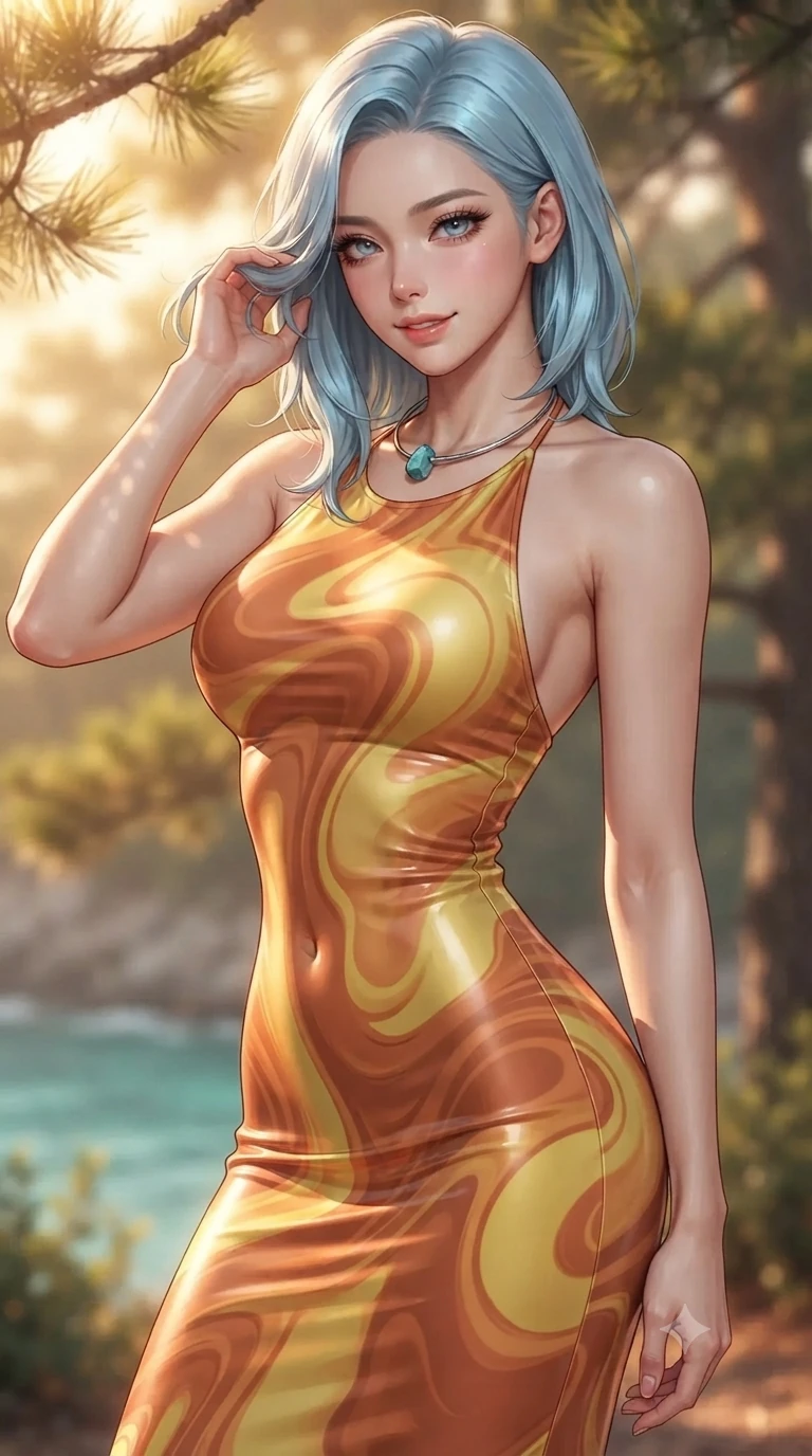 score_9, masterpiece, best quality, ultra-detailed, high-budget anime keyframe, editorial fashion photography, tasteful artistic composition, Korean woman. close-up cowboy shot from the waist and thighs up, the character dominates the composition, filling the frame with her large presence. gently brushing a lock of salt-kissed hair behind her ear while casting a playful, flirtatious side-gaze with long eyelashes while twisting her slender torso in an alluring contrapposto stance, dappled pine branch shadows and turquoise reflections tracing her narrow waist and curvy hips. The background shows a soft-focus lush coastal maritime pines softened in exclusive resort shallow focus. She has an exceptionally elegant, slender, and willowy female figure with an ultra-slim waist, flat toned midriff, narrow ribcage, and sculpted feminine hips creating an alluring, slim hourglass silhouette without bulk. sharp v-shaped jawline, high-bridge nose, sparkling eyes with hypnotic seductive depth, thick curled eyelashes, glossy parted lips with a natural dewy peach sheen, alluring bedroom-eyes with an enchanting coquettish smile, exuding magnetic siren charisma and sophisticated glamour, flawlessly proportioned anatomical accuracy, strict slender model proportions, natural body alignment, perfectly sculpted long slender limbs, ultra-slim waistline, clean dynamic posture without body distortion. wearing a form-fitting liquid mercury jersey halter dress clinging smoothly to her narrow waist and rounded hips in sun-kissed terracotta and Amalfi lemon yellow, made of fluid liquid jersey with seamless sculpting hold and smooth contours, finished with a minimalist chrome choker and a single turquoise stone pendant, the form-contouring cut accentuating her sculpted flat midriff, narrow delicate ribcage, and gracefully curvy hips with intoxicating allure. bathed in the luminous, warm golden-hour light filtering softly through maritime pines with dappled light dances. ultra-reflective glossy finish, specular highlights, rich textural contrasts, high-contrast stereoscopic depth, volumetric dynamic lighting, 2k, ultra detail, master piece, 9:16 ratio