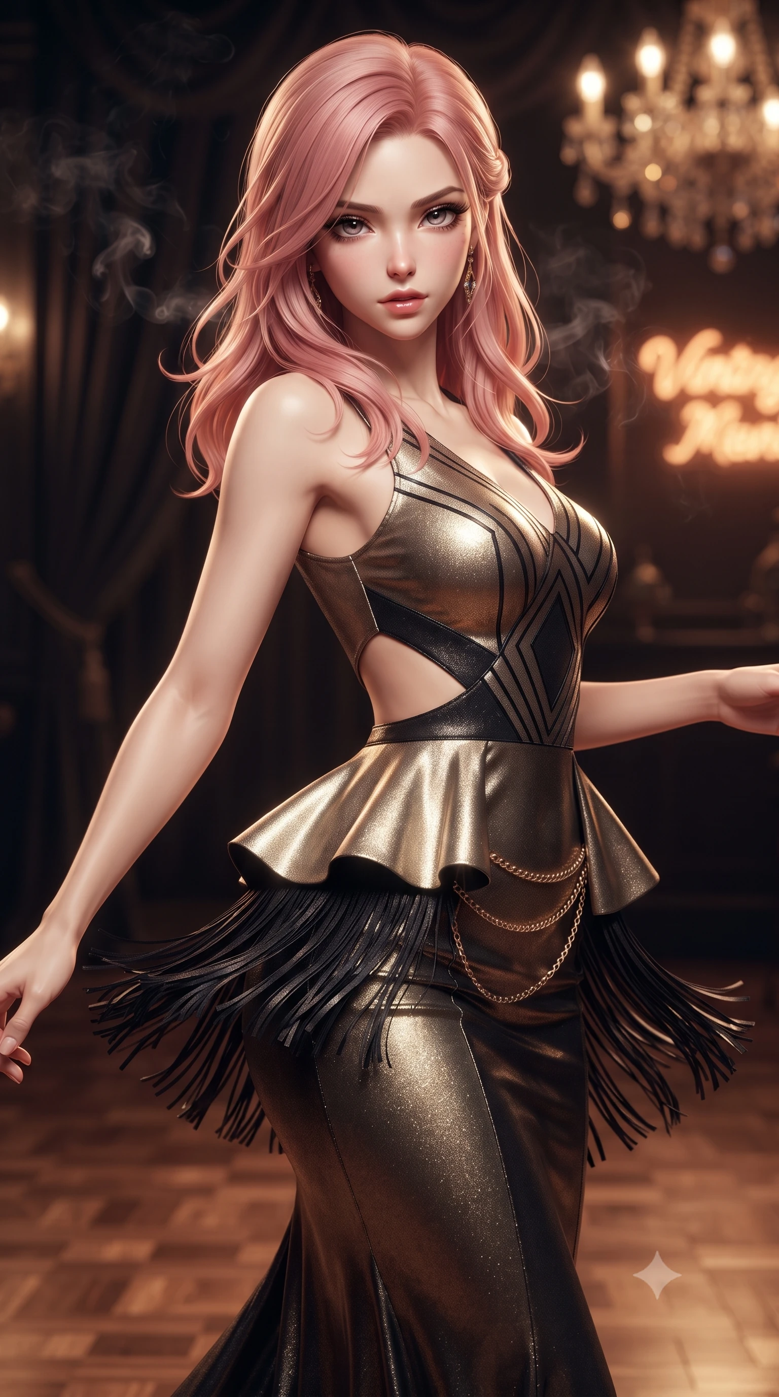 score_9, masterpiece, best quality, ultra-detailed, high-budget anime keyframe, editorial fashion photography, tasteful artistic composition, Japanese woman. close-up cowboy shot from the waist and thighs up, the character dominates the composition, filling the frame with her large presence. leaning back with relaxed seductive grace, her sculpted collarbones and narrow waist highlighted as she casts smoldering bedroom-eyes directly into the camera while twirling dynamically on the polished parquet dance floor, fringes of her dress fluttering around her curvy hips. The composition keeps background elements in soft focus with creamy bokeh. drifting cigar smoke wisps and dark velvet draperies softened in luxurious 1920s shallow focus. She has an exceptionally elegant, slender, and willowy female figure with an ultra-slim waist, a gracefully sculpted slender torso, toned flat midriff, and rounded feminine hips creating an alluring hourglass silhouette. sharp v-shaped jawline, high-bridge nose, intricate jewel-like eyes with depth, thick eyelashes, glossy parted lips with a natural sheen, intensely captivating and seductive bedroom-eyes expression, flawlessly proportioned anatomical accuracy, strict slender model proportions, natural body alignment, perfectly sculpted long slender limbs, ultra-slim waistline, clean dynamic posture without body distortion. wearing a form-contouring Art Deco geometric peplum gown with side-waist diamond cutouts in champagne gold and midnight black velvet, crafted from luxurious metallic lamé that shifts radiance with every step, accented with a delicate gold chain belt resting loosely on her curvy hips, the liquid-tight tailored fabric clinging flawlessly to her narrow waist and rounded feminine hips, emphasizing every millimeter of her sculpted hourglass curves during movement. bathed in warm incandescent chandelier warmth and vintage amber neon glow. ultra-reflective glossy finish, specular highlights, rich textural contrasts, high-contrast stereoscopic depth, volumetric dynamic lighting, 2k, ultra detail, master piece, 9:16 ratio