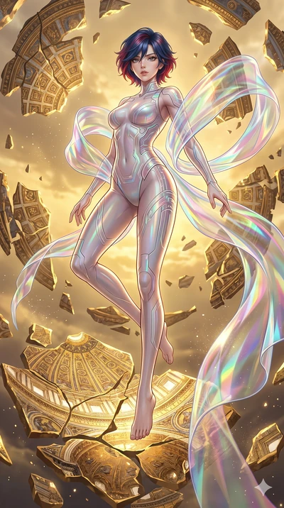 score_9, masterpiece, best quality, ultra-detailed, high-budget anime keyframe, Korean woman. low angle full-body shot filling the entire 9:16 frame with her statuesque presence, stretching the vertical silhouette. propelling herself off digital baro