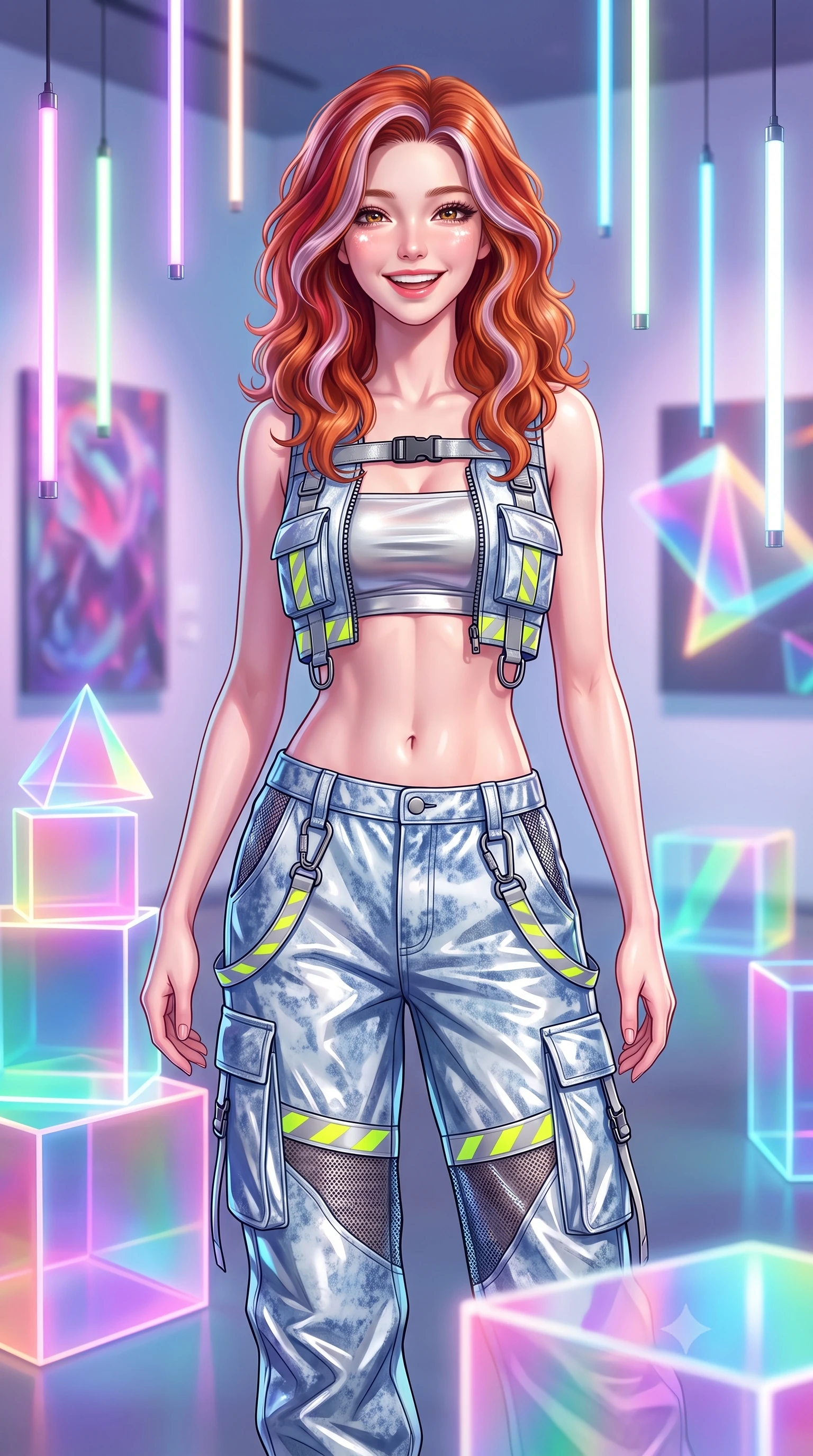 score_9, masterpiece, best quality, ultra-detailed, high-budget anime keyframe, semi-realistic 3D game render, editorial fashion photography, tasteful artistic composition, Caucasian woman. close-up cowboy shot from the waist and thighs up, the character dominates the composition, filling the frame with her large presence. laughing softly with genuine, enchanting warmth, eyes crinkling sweetly as specular highlights illuminate her cheeks while posing inside an avant-garde digital art gallery surrounded by glowing translucent acrylic cubes and suspended LED tubes. The composition keeps background elements in soft focus with creamy bokeh. translucent acrylic art installations and geometric light prisms softened in dreamy shallow focus. She has an exceptionally elegant, slender, and willowy female figure with an ultra-slim waist, a gracefully sculpted slender torso, toned flat midriff, and a refined slim silhouette. sharp v-shaped jawline, high-bridge nose, intricate jewel-like eyes with depth, thick eyelashes, glossy lips with a natural sheen, captivating and magnetic expression, flawlessly proportioned anatomical accuracy, strict slender model proportions, natural body alignment, perfectly sculpted long slender limbs, ultra-slim waistline, clean dynamic posture without body distortion. wearing a cropped tech-harness utility vest worn over a silver reflective bandeau top and baggy cargo pants in acid-wash light denim blue and silver chrome, crafted from high-gloss metallic ripstop nylon and flexible carbon mesh, finished with reflective safety hazard tape details and carabiner clips, the breezy yet form-flattering drape swaying gracefully with her steps, accentuating her long willowy limbs and slim waistline. bathed in dynamic color-shifting LED ambient illumination and pure white spotlight fill. highly saturated vibrant anime colors, detailed shading with soft gradients, rich glossy textures, high-contrast stereoscopic depth, volumetric dynamic lighting, master piece, 9:16 ratio